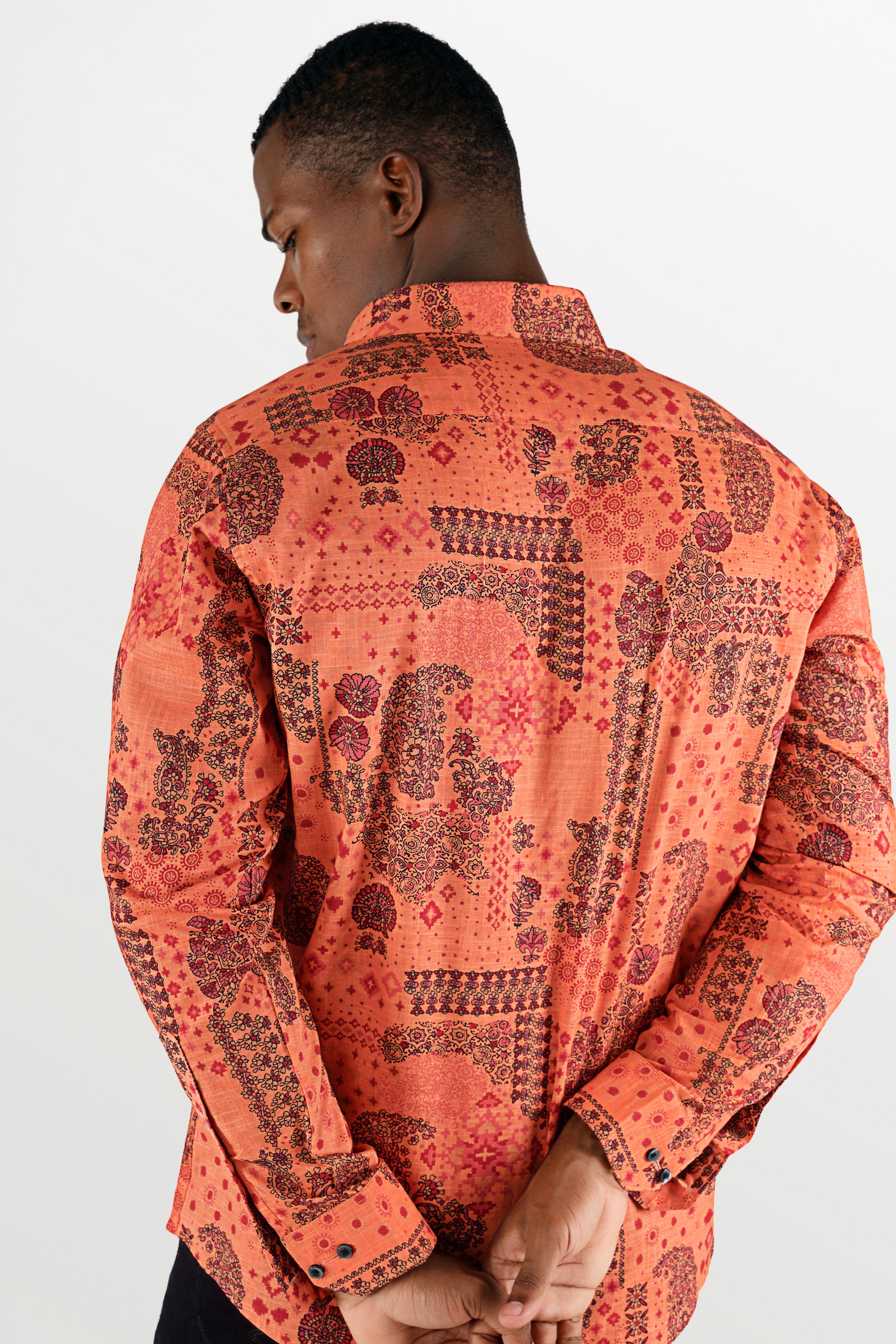 Geraldine Orange Ethnic Printed Chambray Shirt