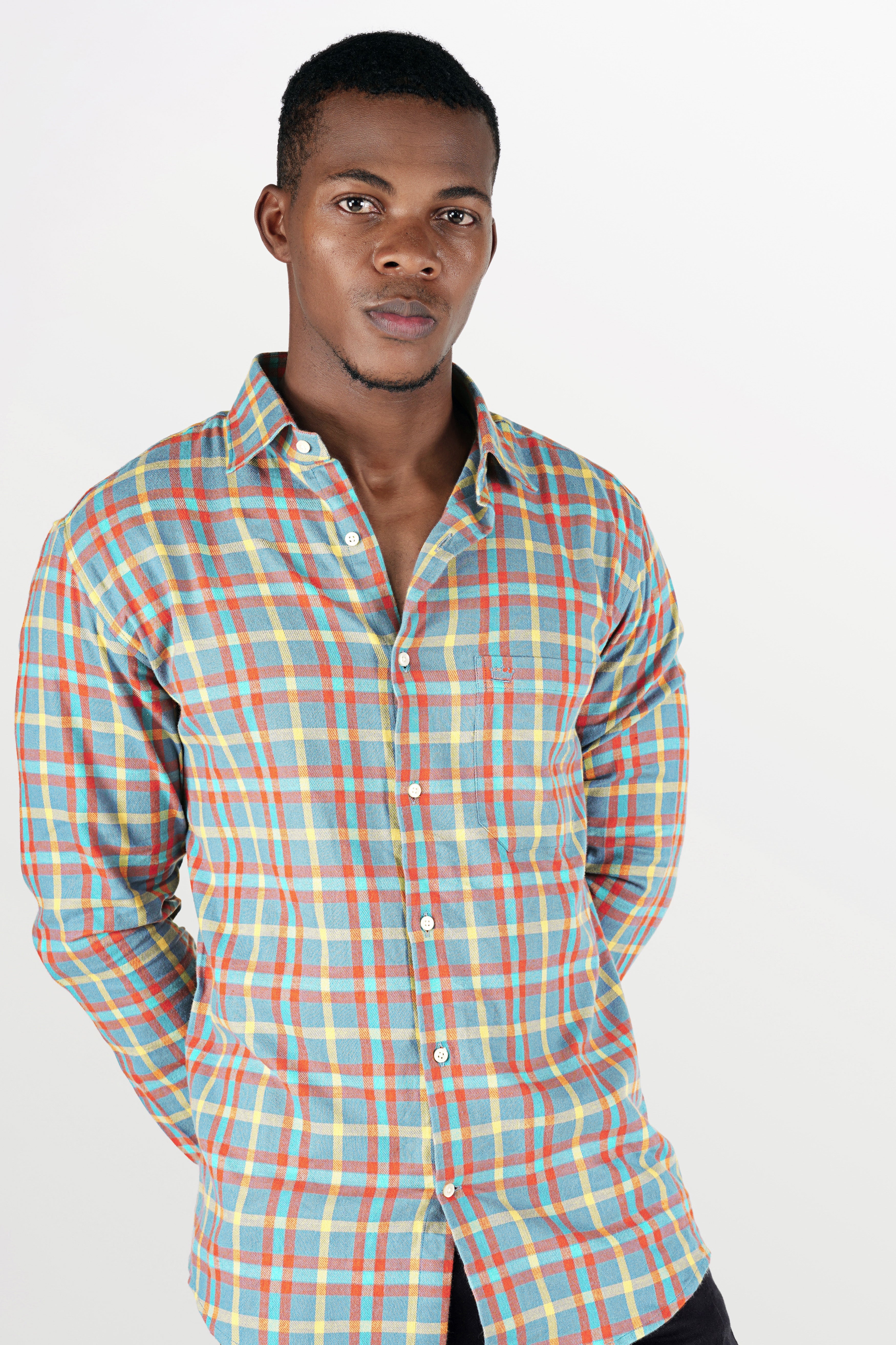 Northern Blue with Jasmine Yellow and Cadmium Orange Checkered Flannel Shirt