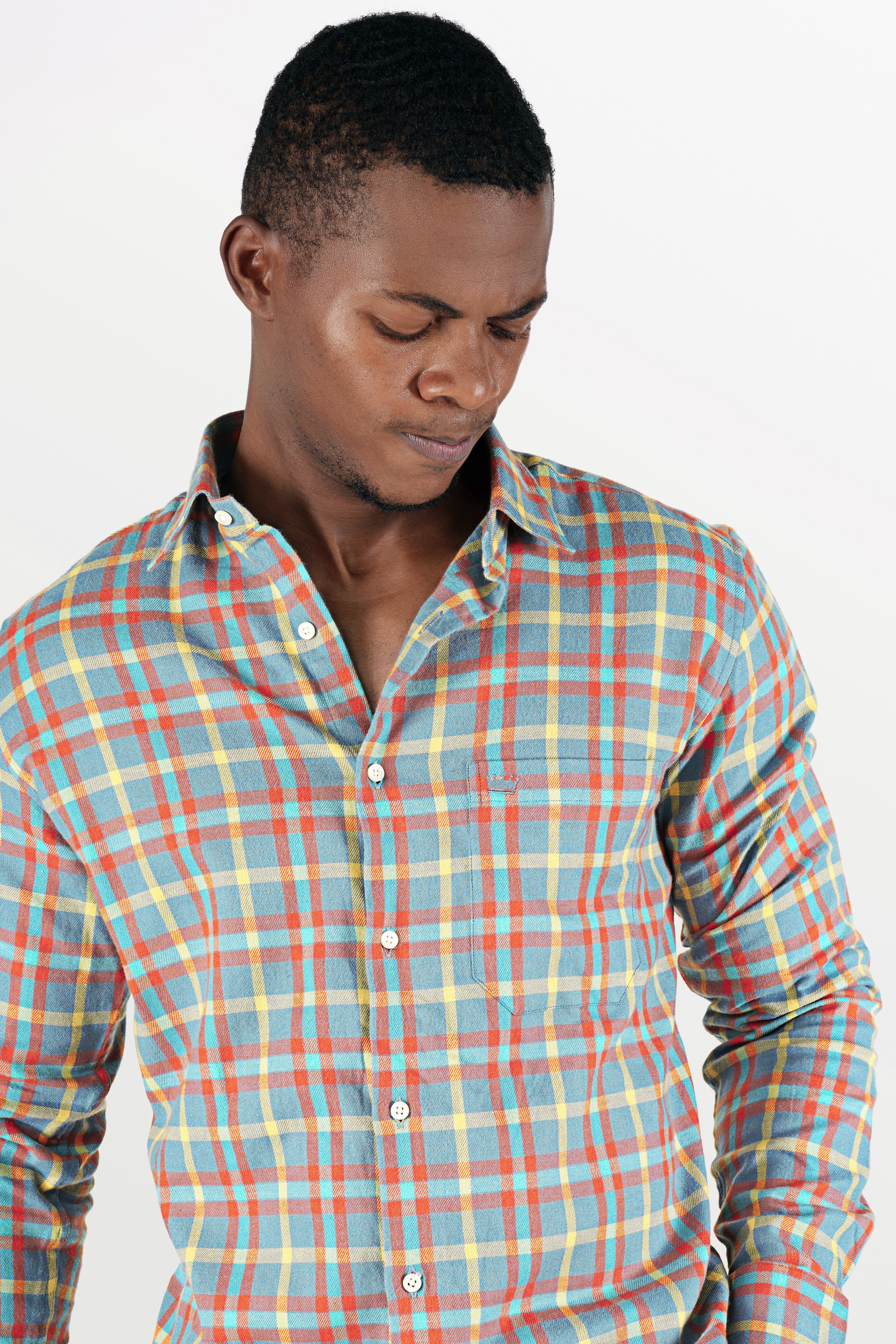 Northern Blue with Jasmine Yellow and Cadmium Orange Checkered Flannel Shirt