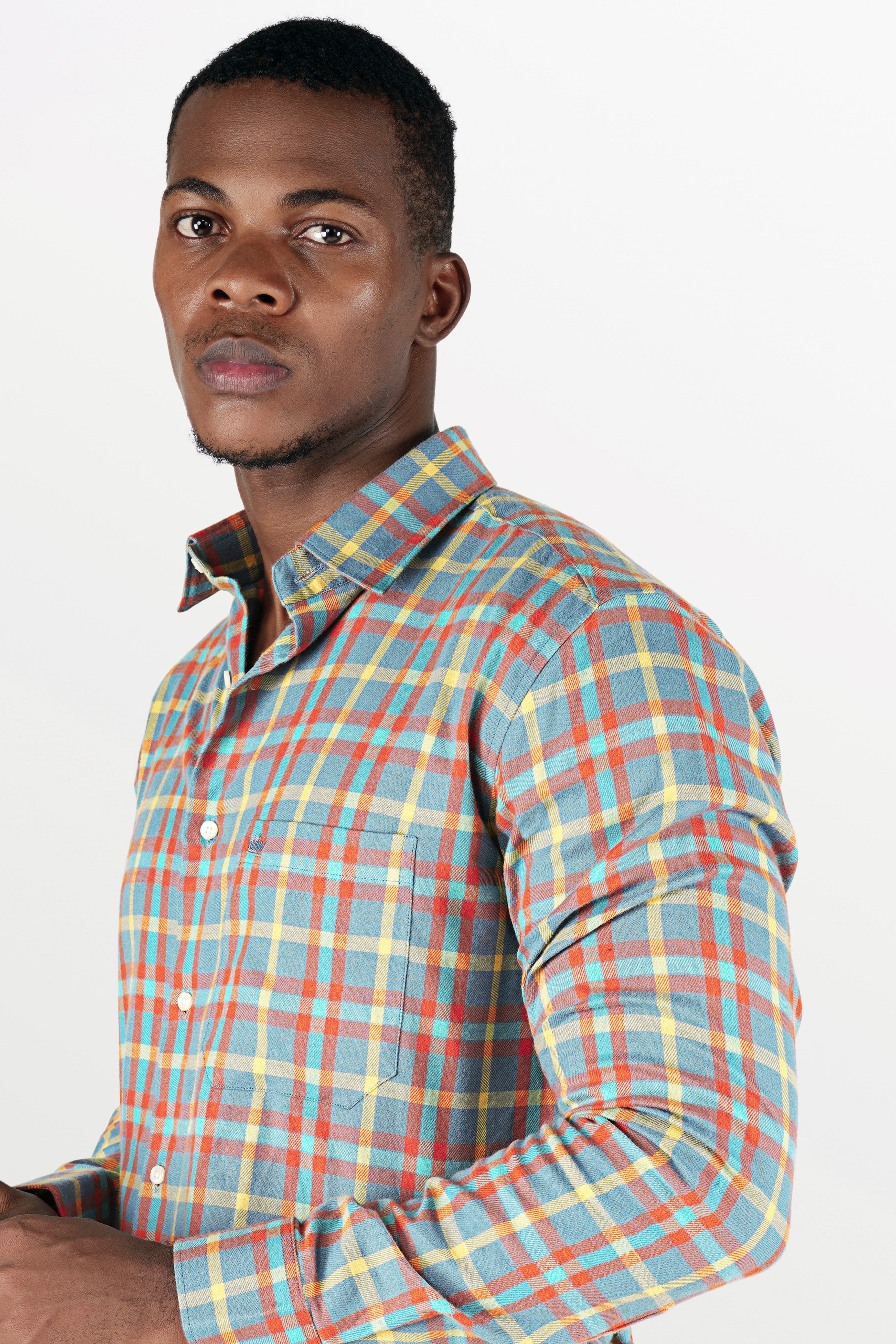 Northern Blue with Jasmine Yellow and Cadmium Orange Checkered Flannel Shirt