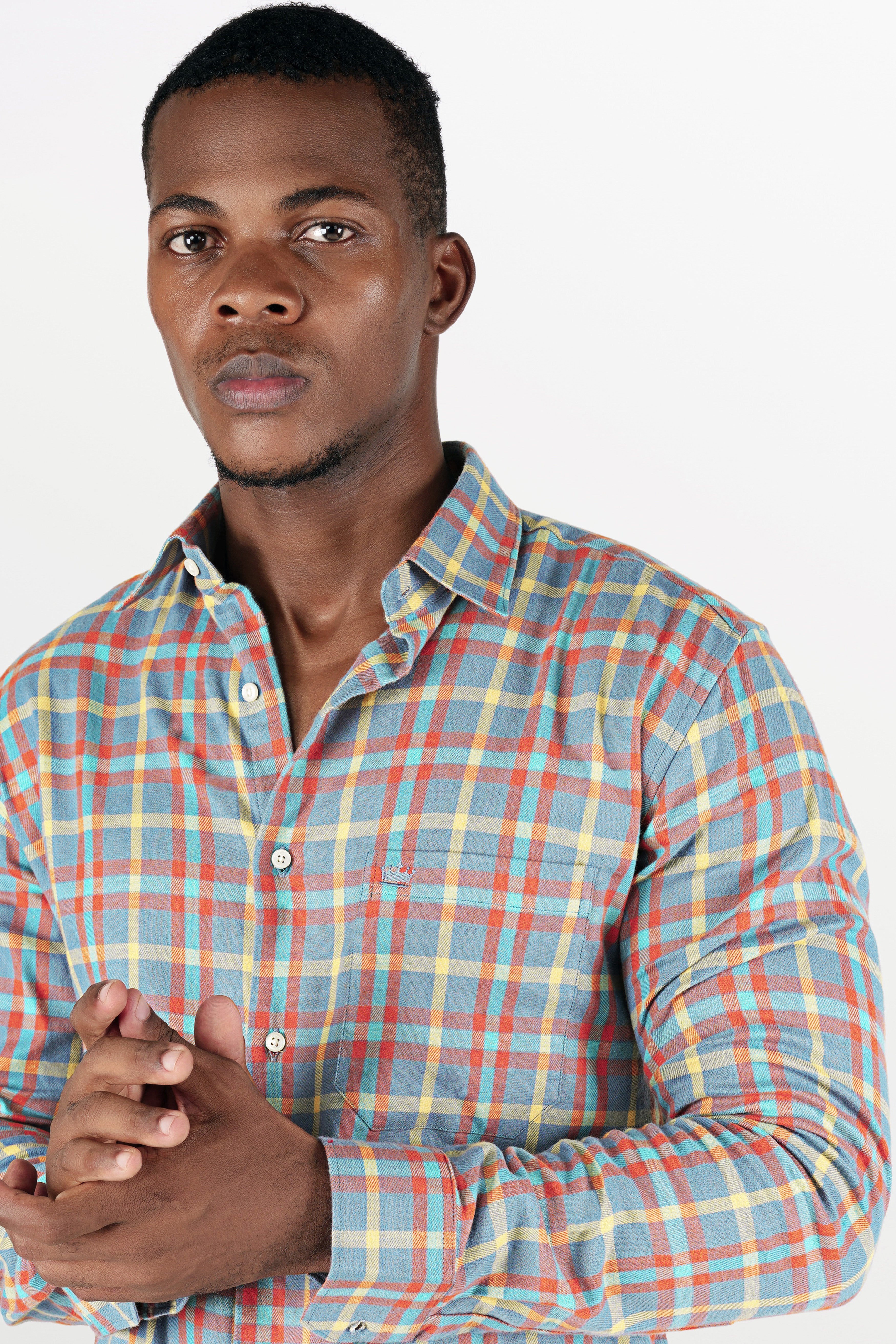 Northern Blue with Jasmine Yellow and Cadmium Orange Checkered Flannel Shirt