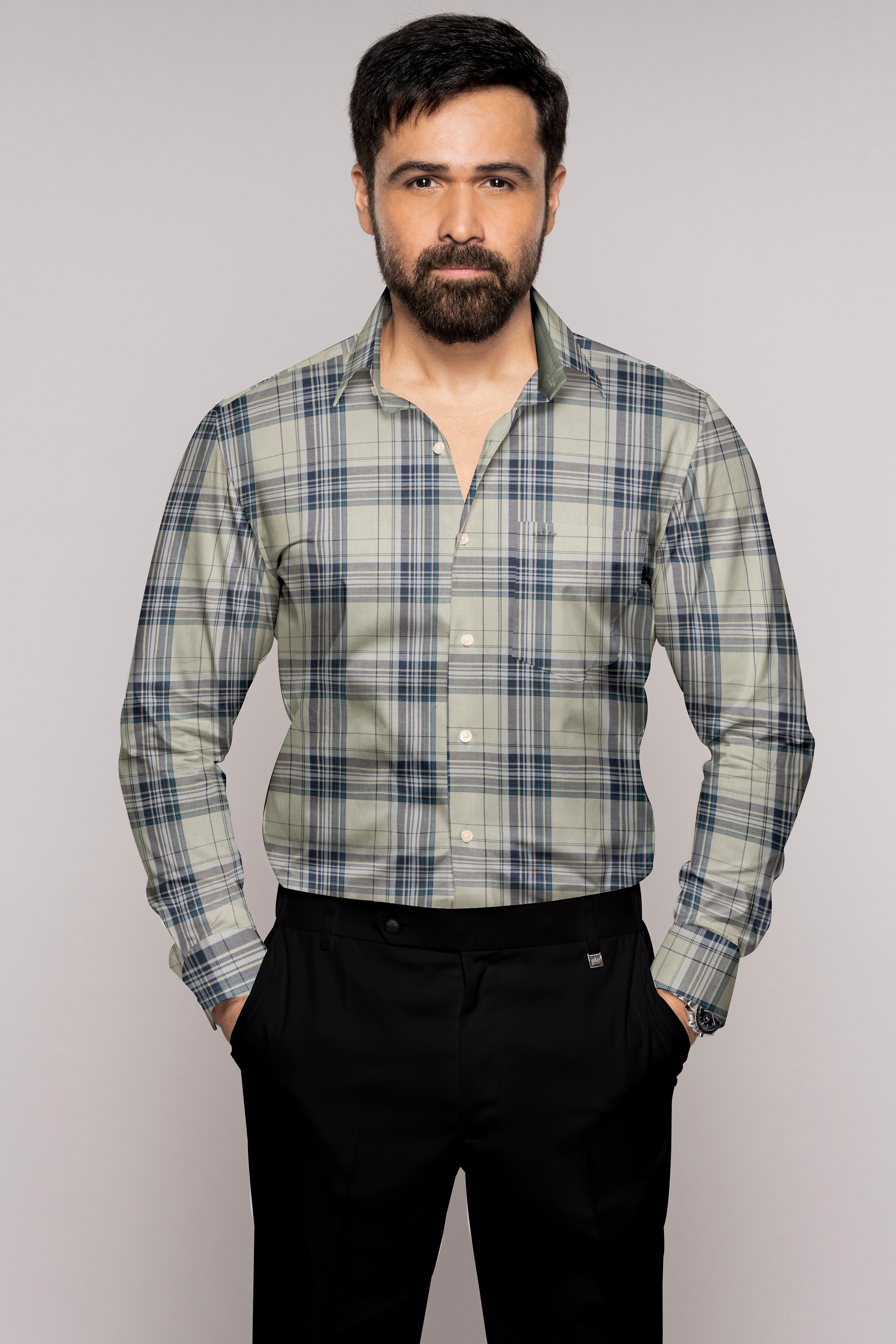 Nobel Gray Twill Plaid Premium Cotton Shirt