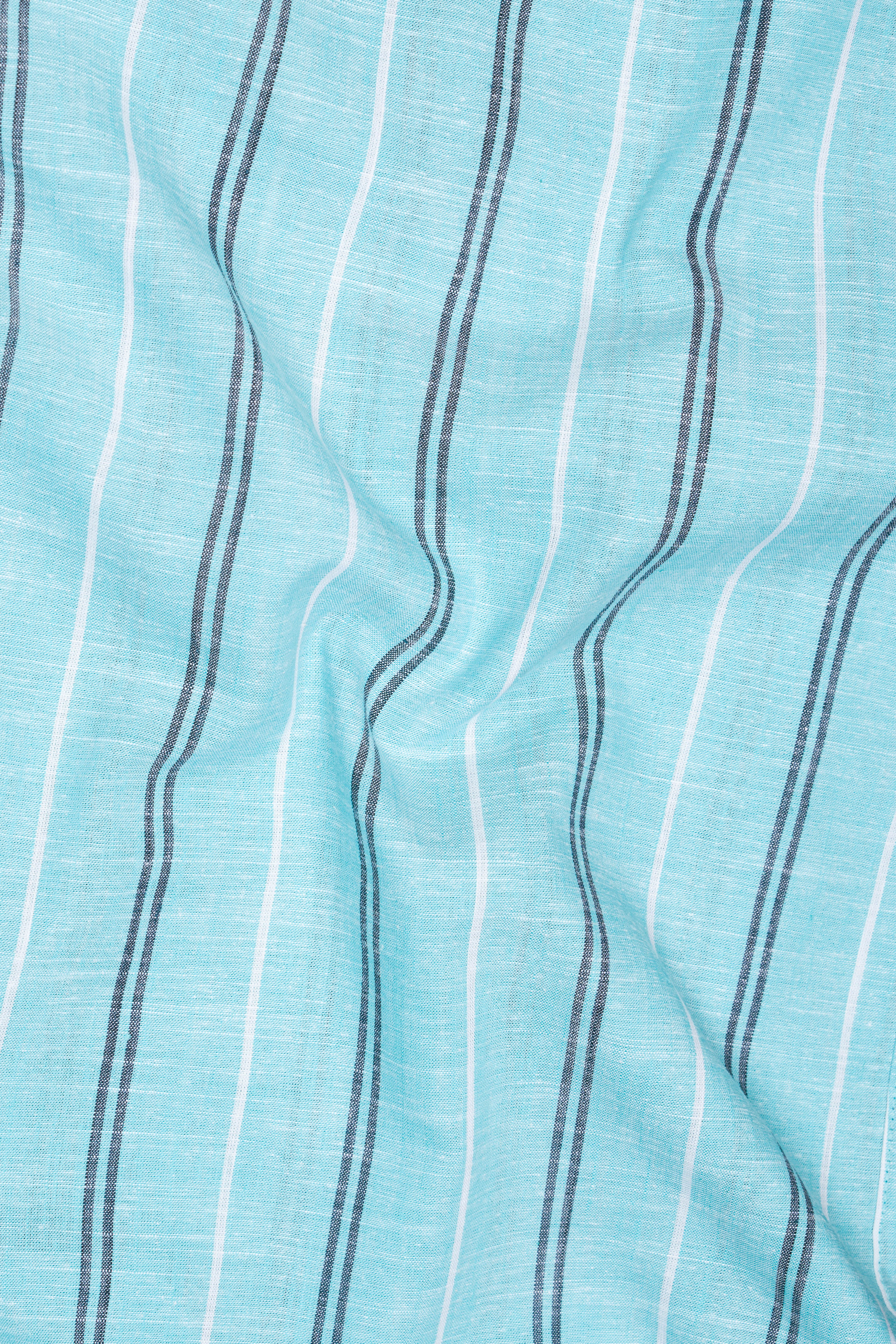 Pale Aqua Blue with Black and White Striped Luxurious Linen Shirt