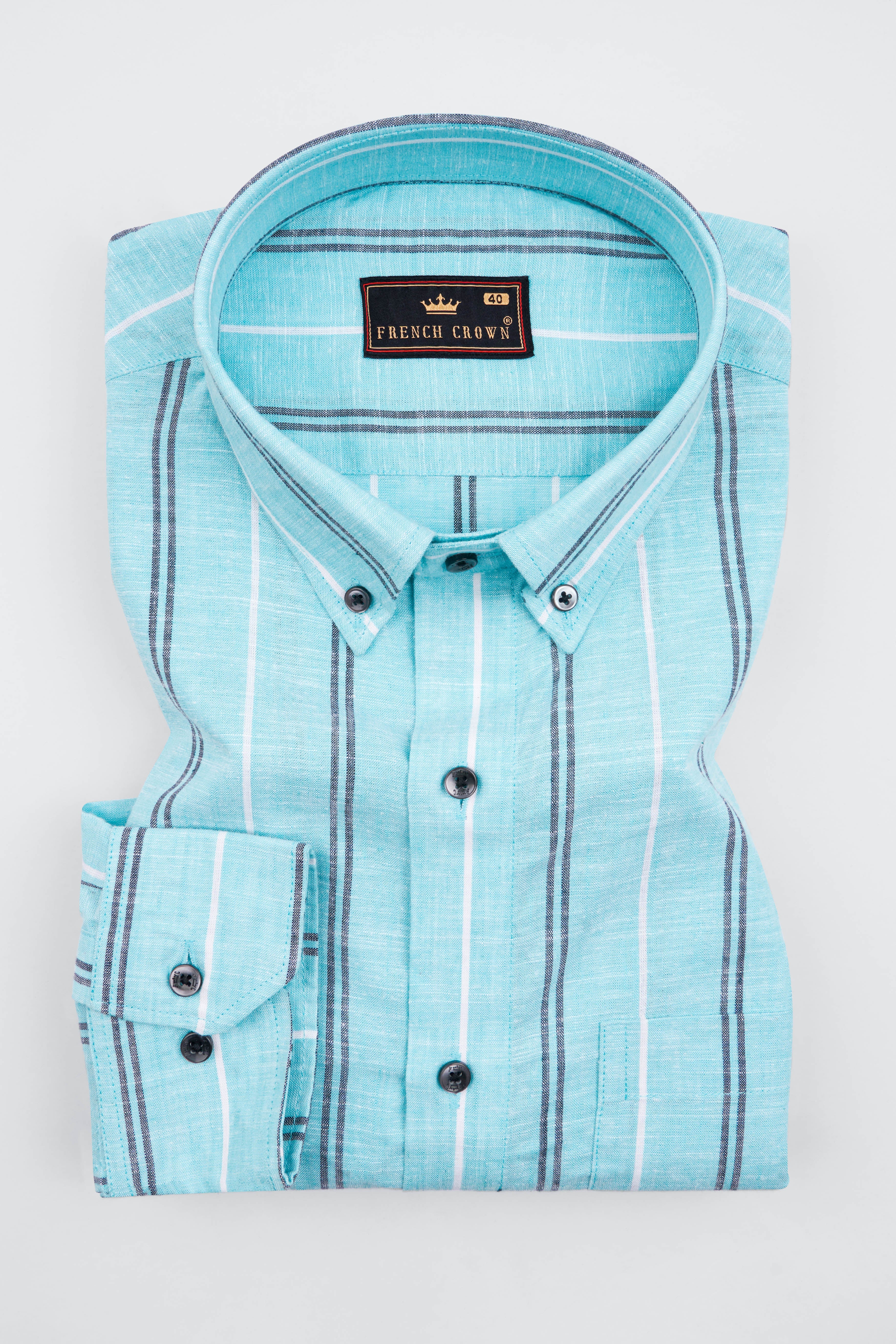 Pale Aqua Blue with Black and White Striped Luxurious Linen Shirt