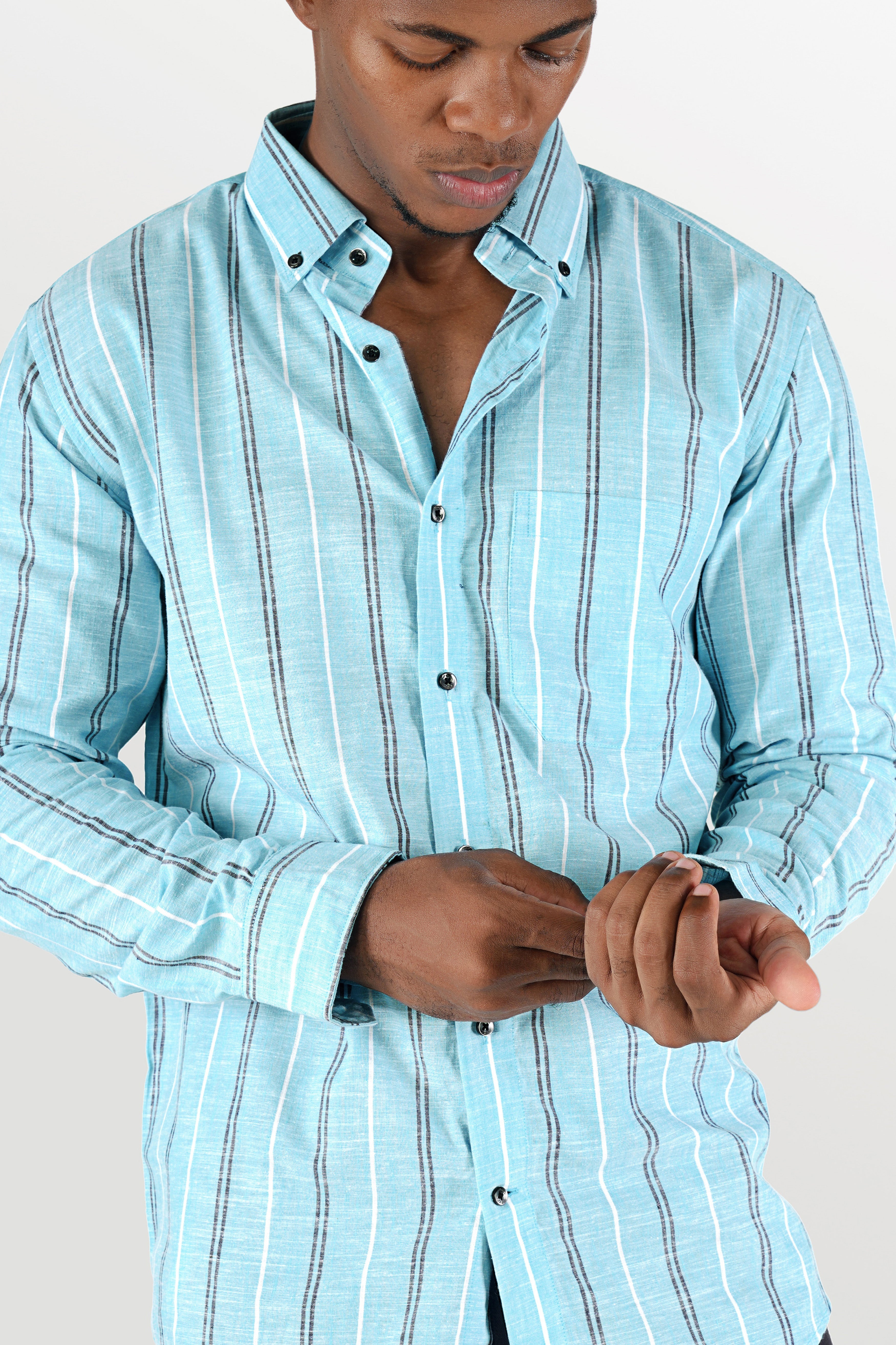 Pale Aqua Blue with Black and White Striped Luxurious Linen Shirt