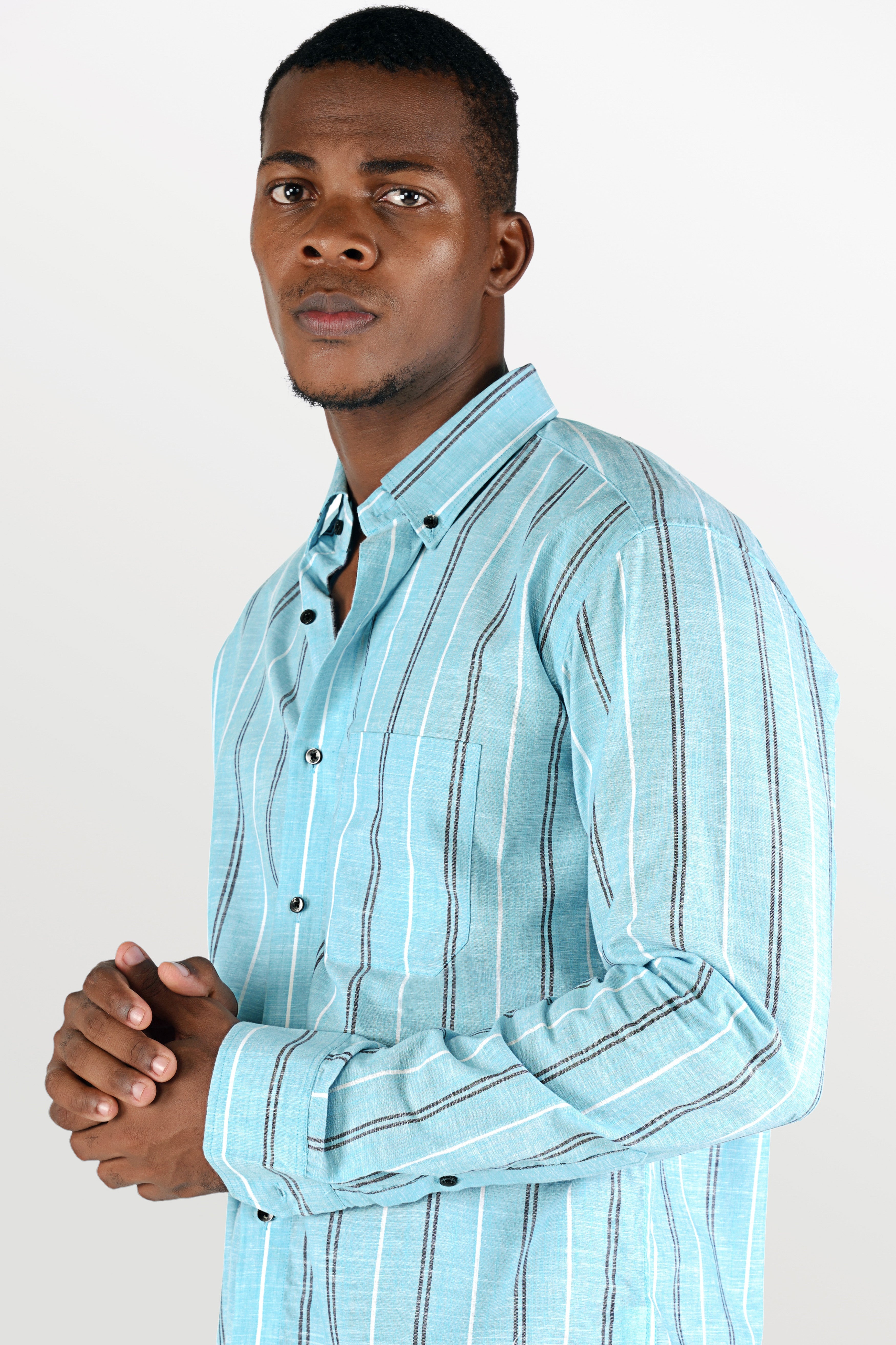 Pale Aqua Blue with Black and White Striped Luxurious Linen Shirt