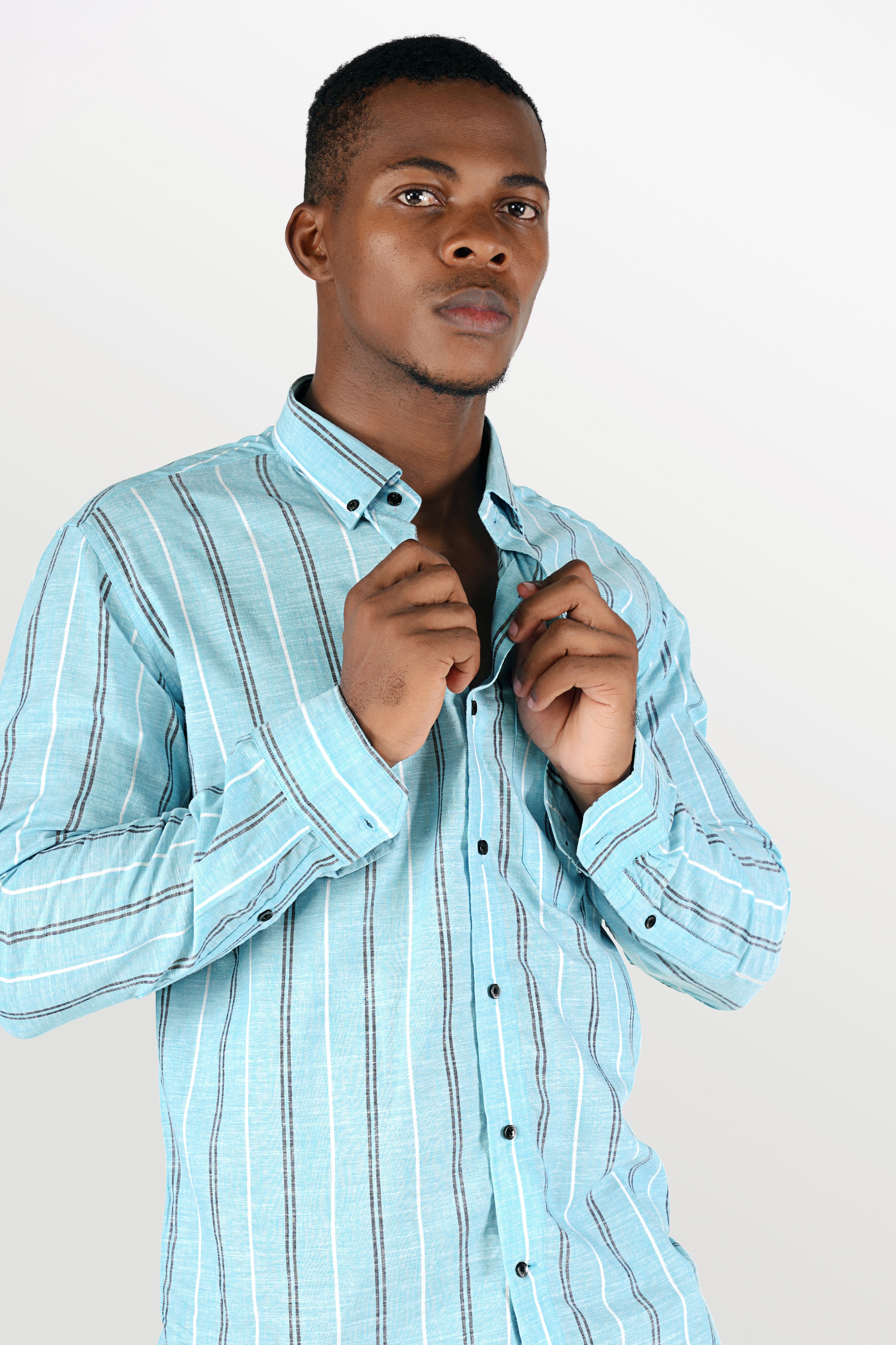 Pale Aqua Blue with Black and White Striped Luxurious Linen Shirt