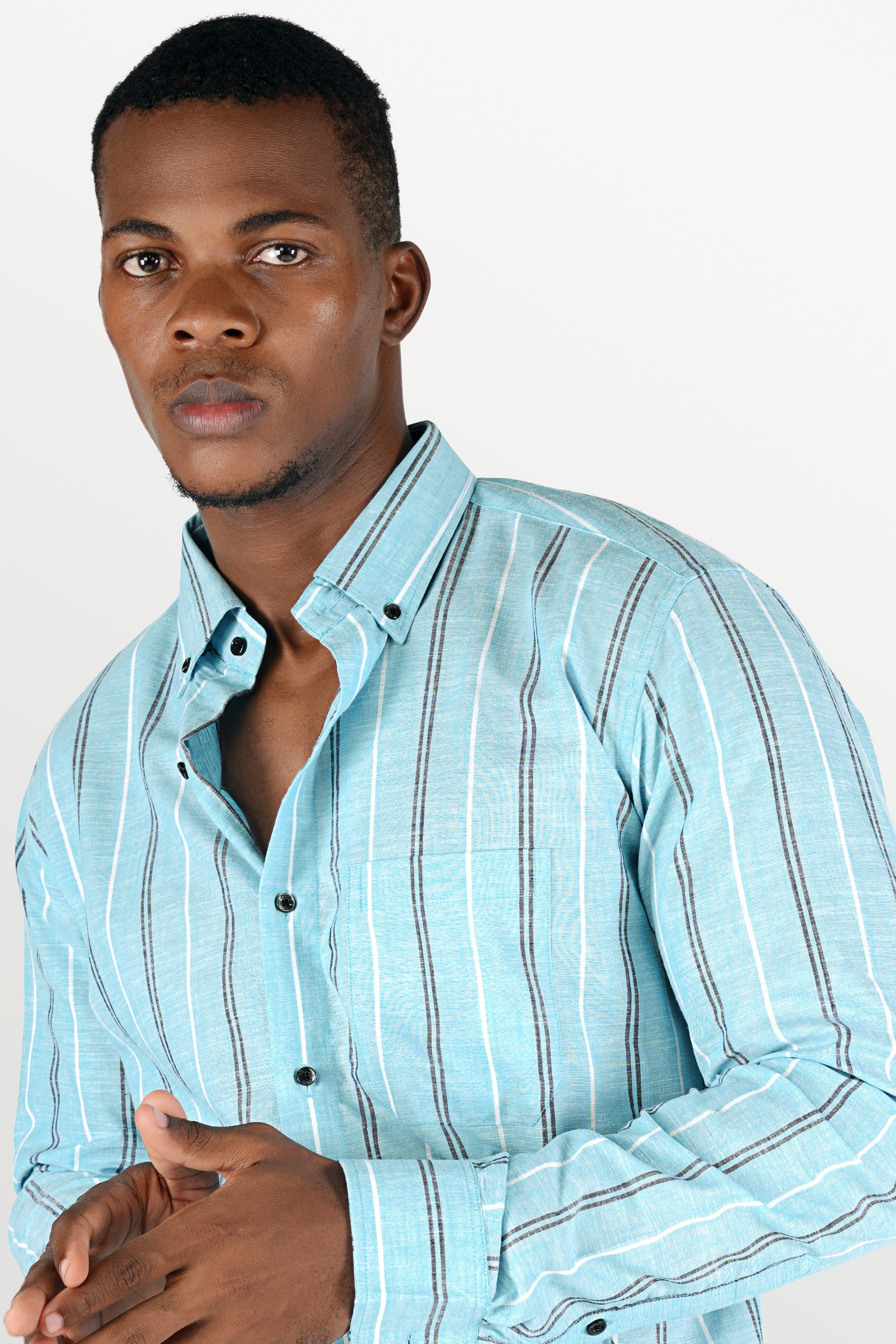 Pale Aqua Blue with Black and White Striped Luxurious Linen Shirt