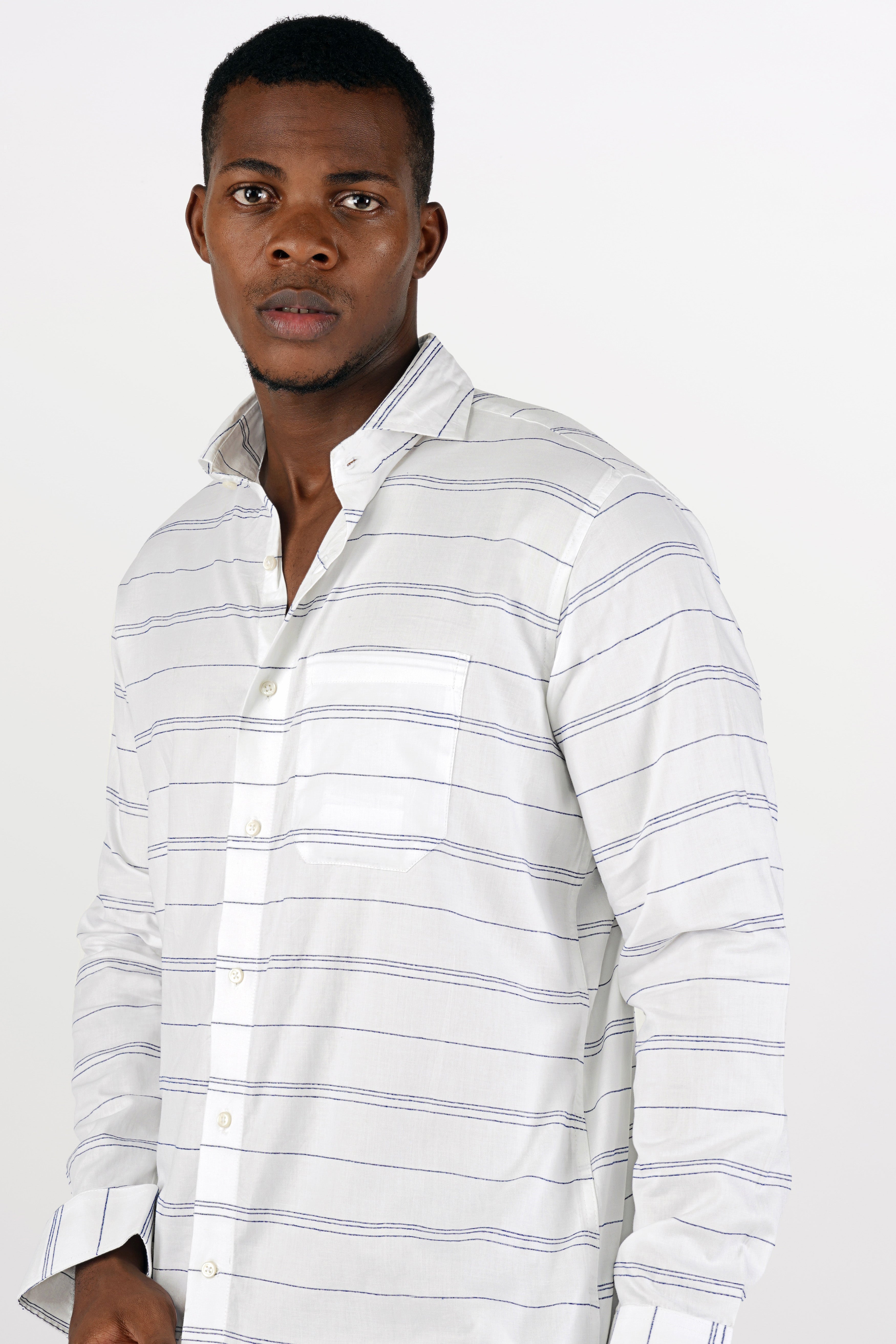 Bright White with Rhino Blue Striped Dobby Textured Premium Giza Cotton Shirt