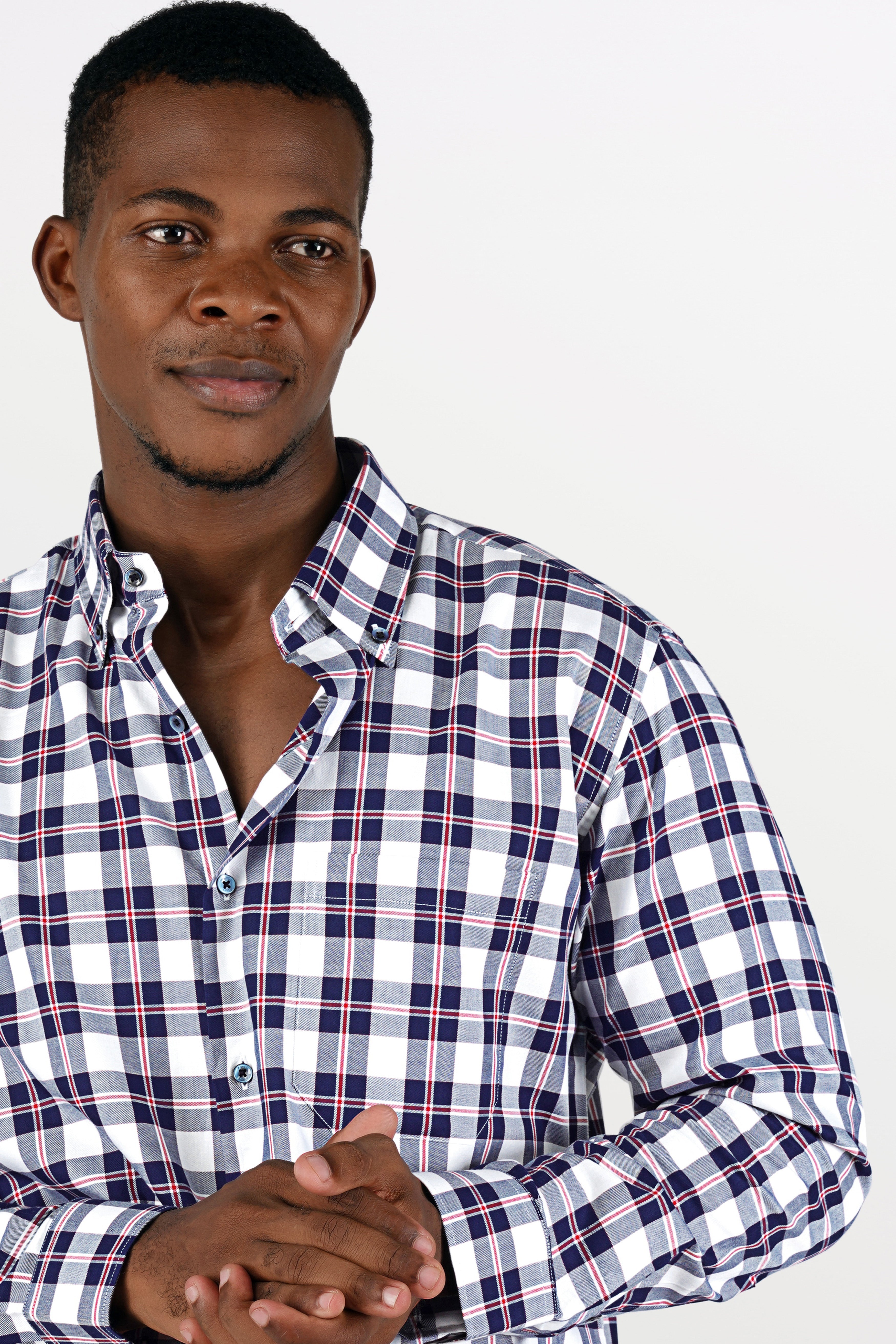 Bright White with Downriver Blue and Monza Red Checkered Twill Premium Cotton Shirt