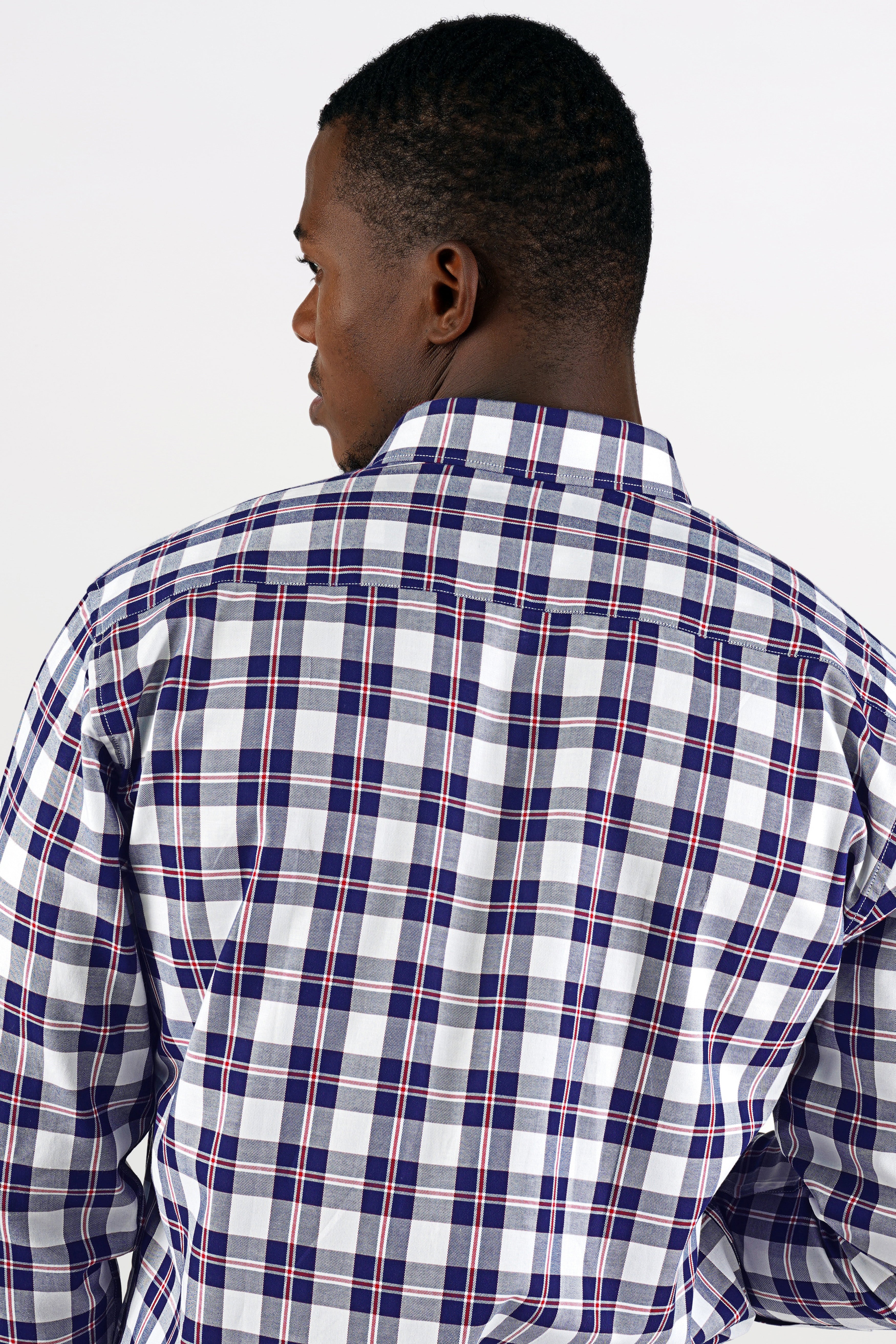 Bright White with Downriver Blue and Monza Red Checkered Twill Premium Cotton Shirt