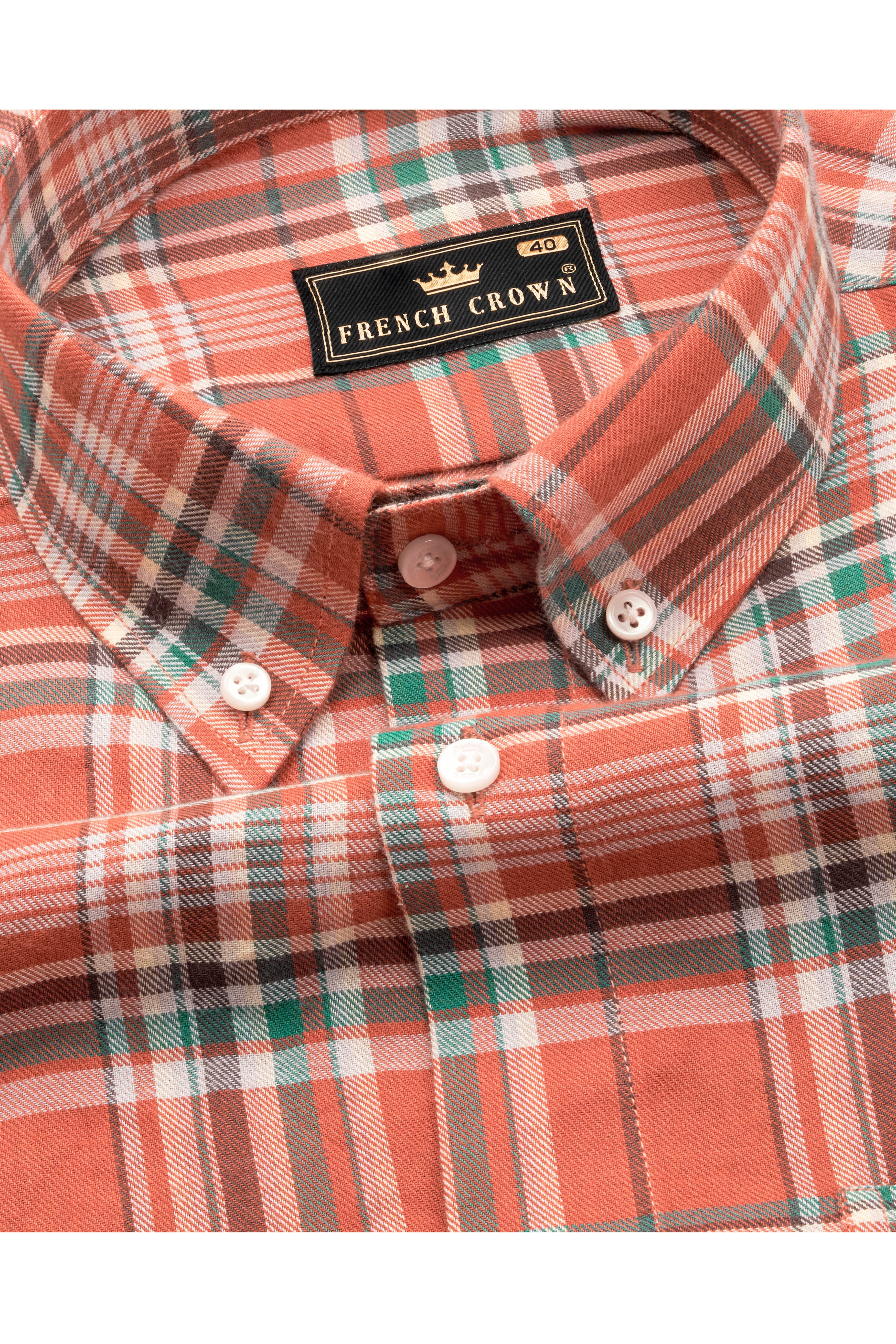 Fiery Orange with White and Viridian Green Twill Checkered Premium Cotton Shirt