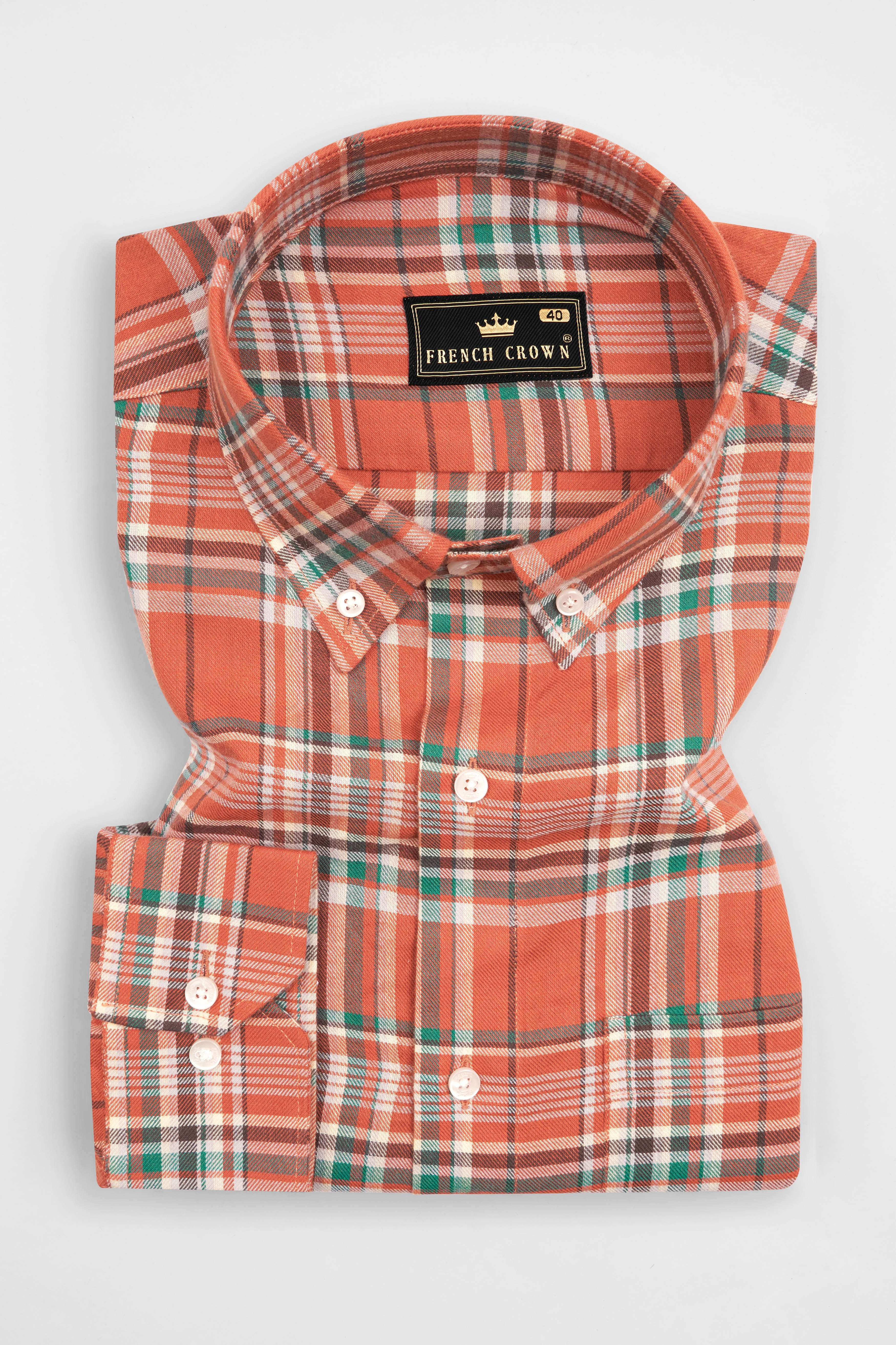 Fiery Orange with White and Viridian Green Twill Checkered Premium Cotton Shirt