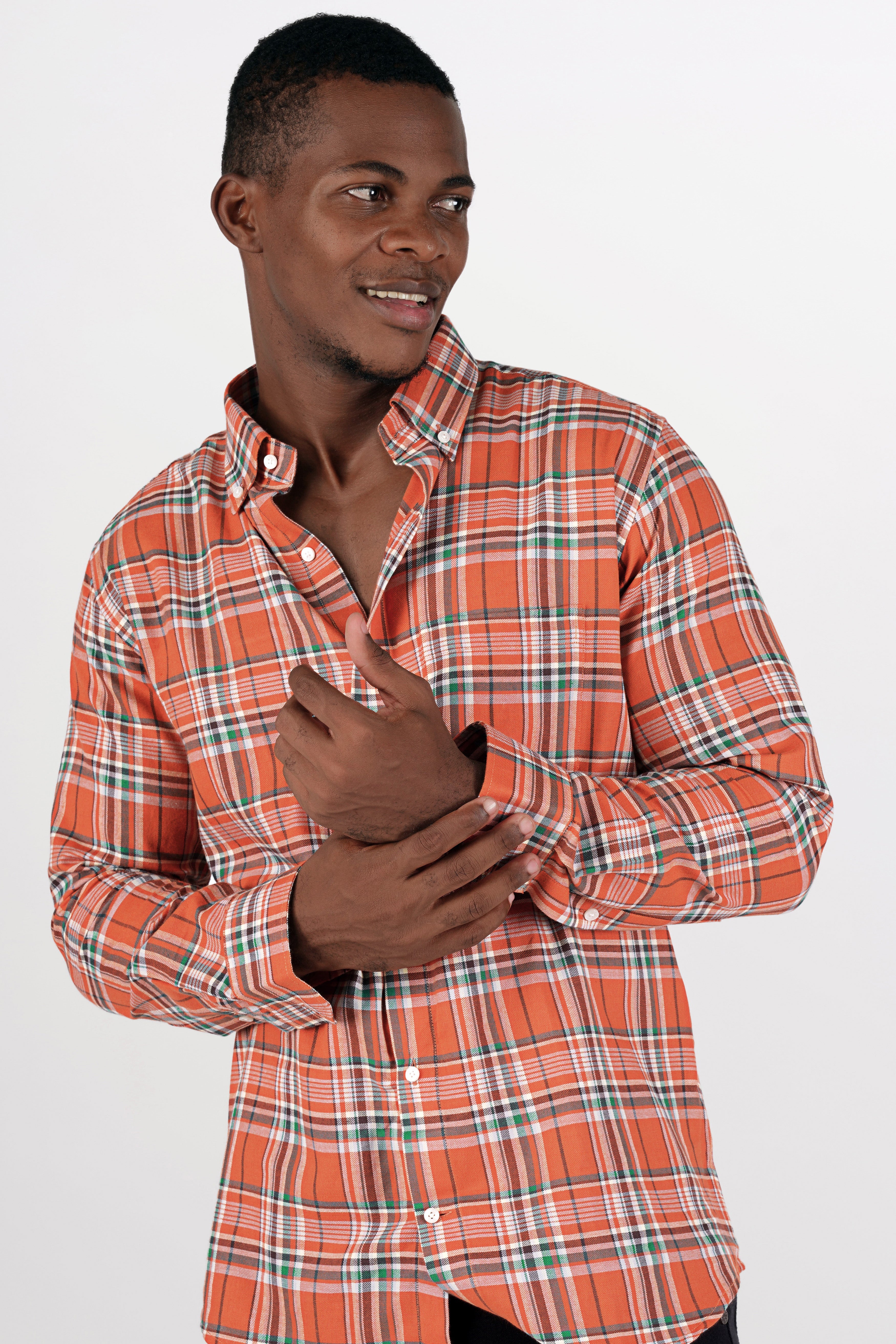 Fiery Orange with White and Viridian Green Twill Checkered Premium Cotton Shirt