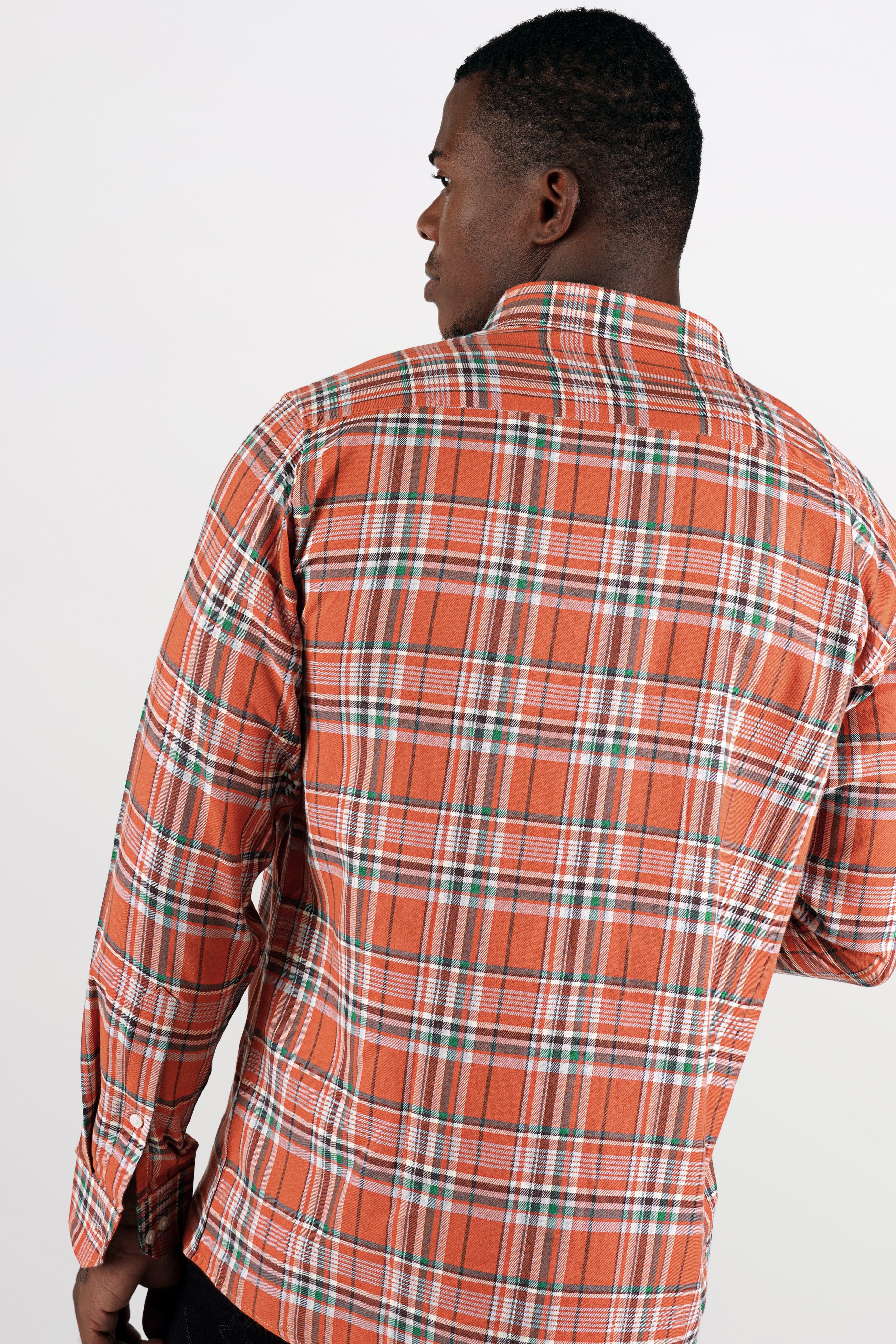 Fiery Orange with White and Viridian Green Twill Checkered Premium Cotton Shirt