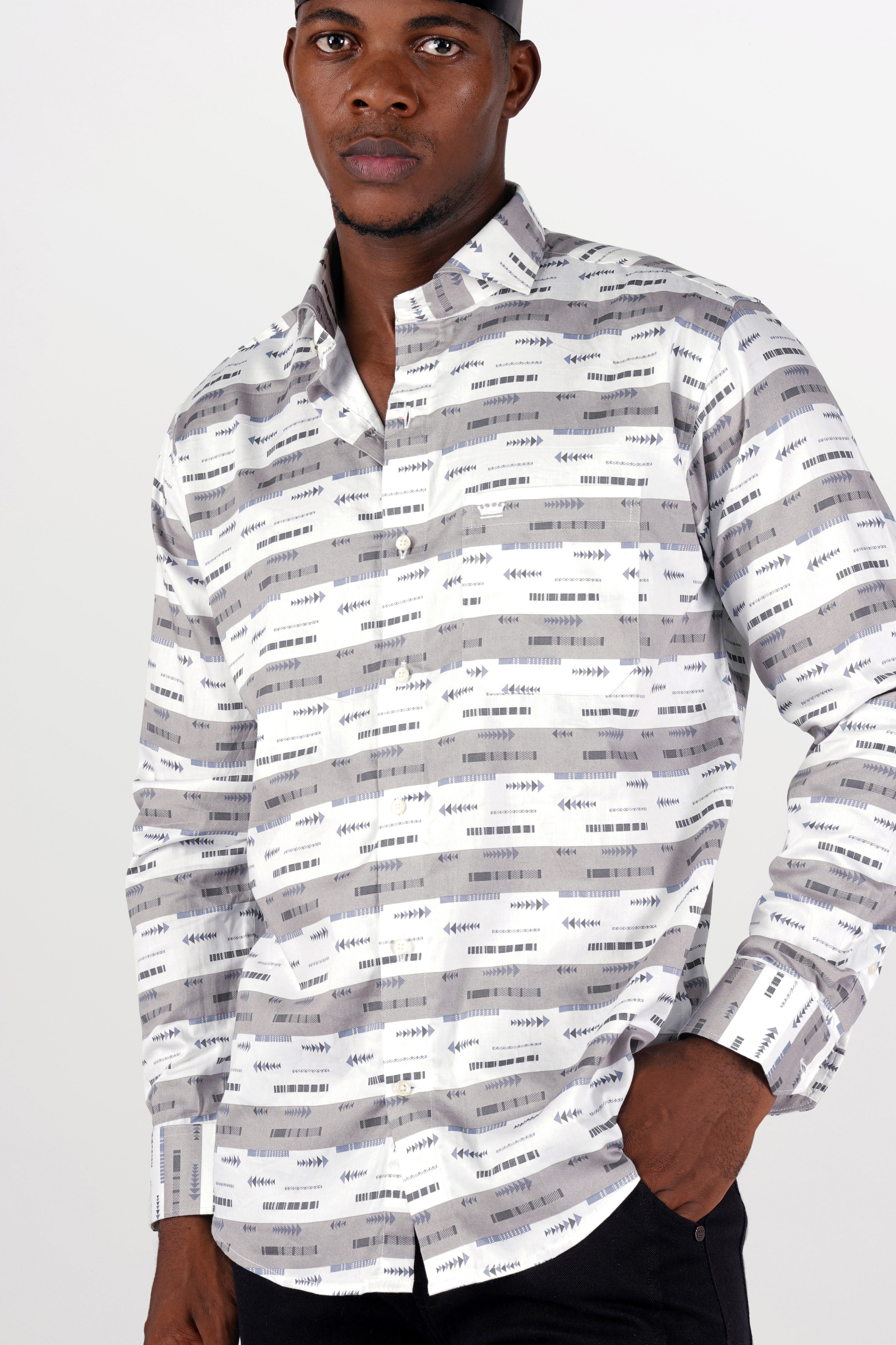 Bright White with Nobel Gray Printed Super Soft Premium Cotton Shirt