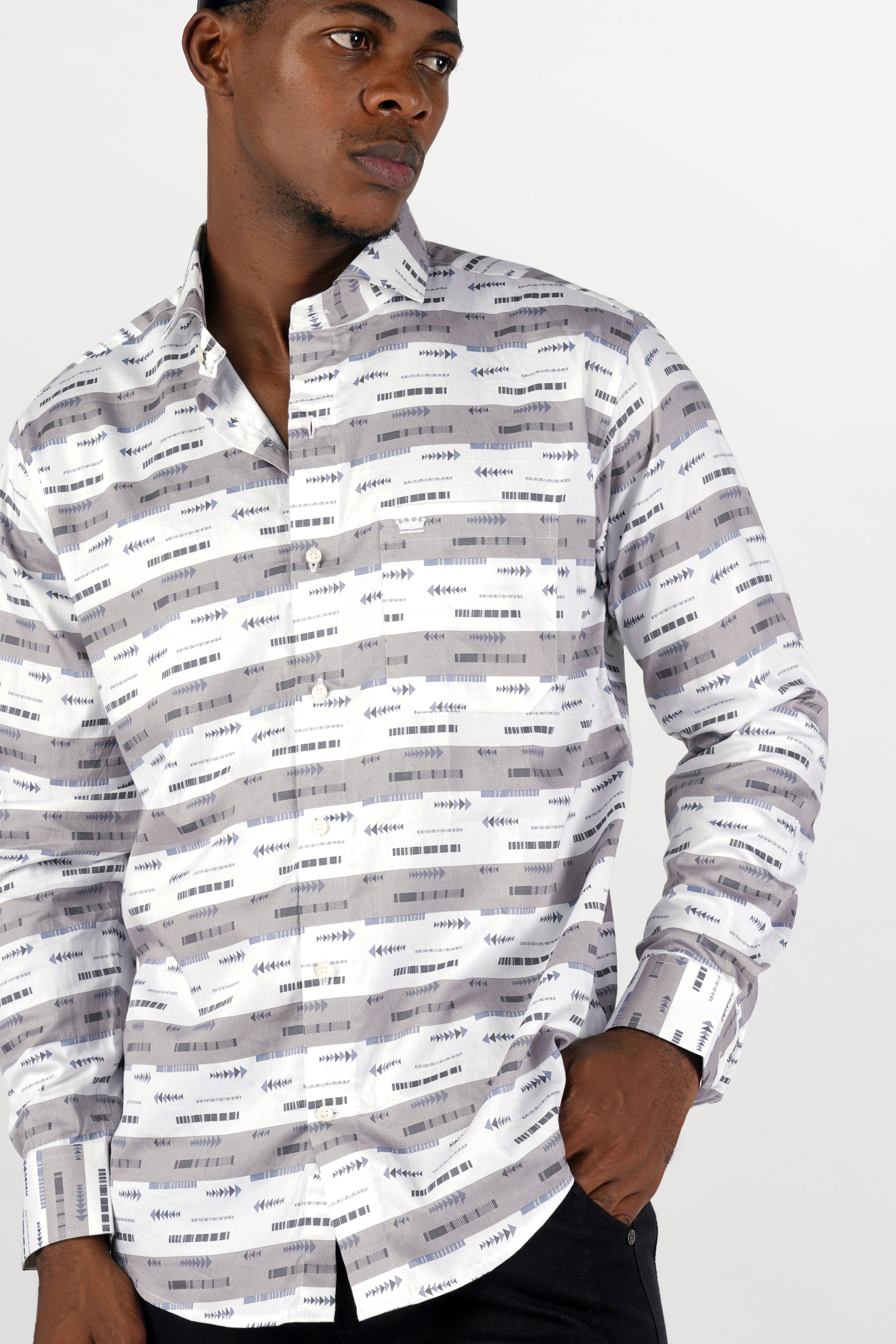 Bright White with Nobel Gray Printed Super Soft Premium Cotton Shirt