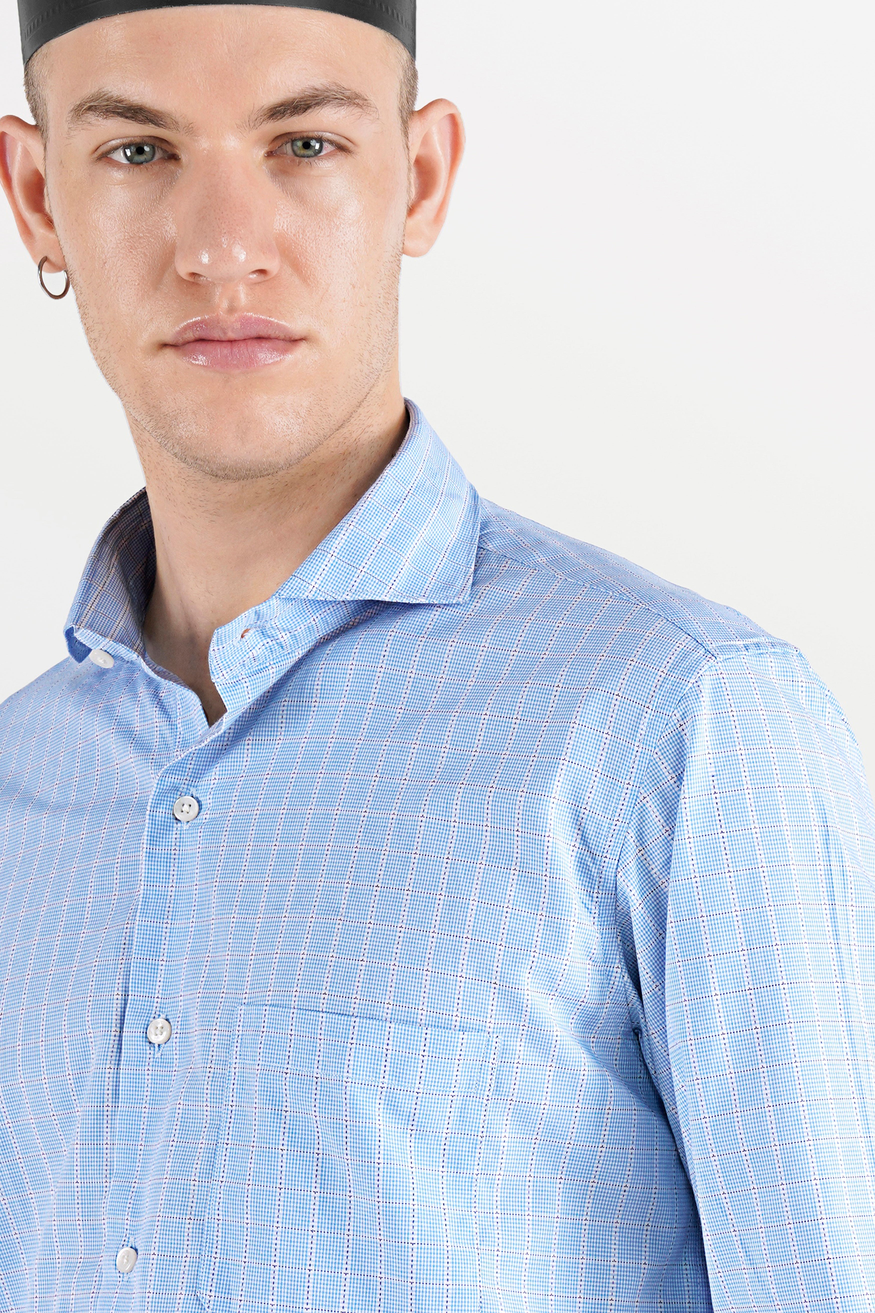 Carolina Blue with White Checkered Dobby Textured Premium Giza Cotton Shirt