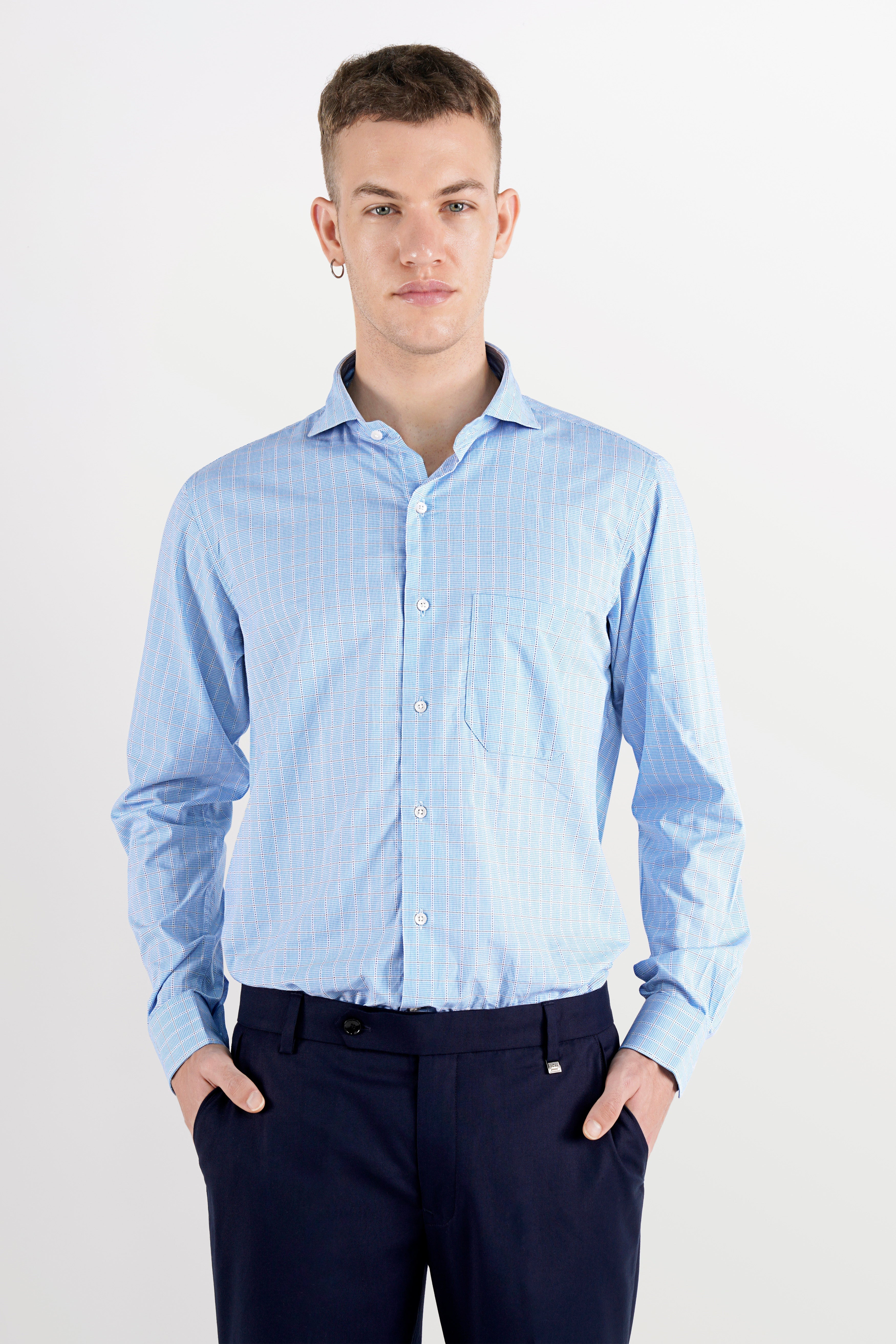 Carolina Blue with White Checkered Dobby Textured Premium Giza Cotton Shirt