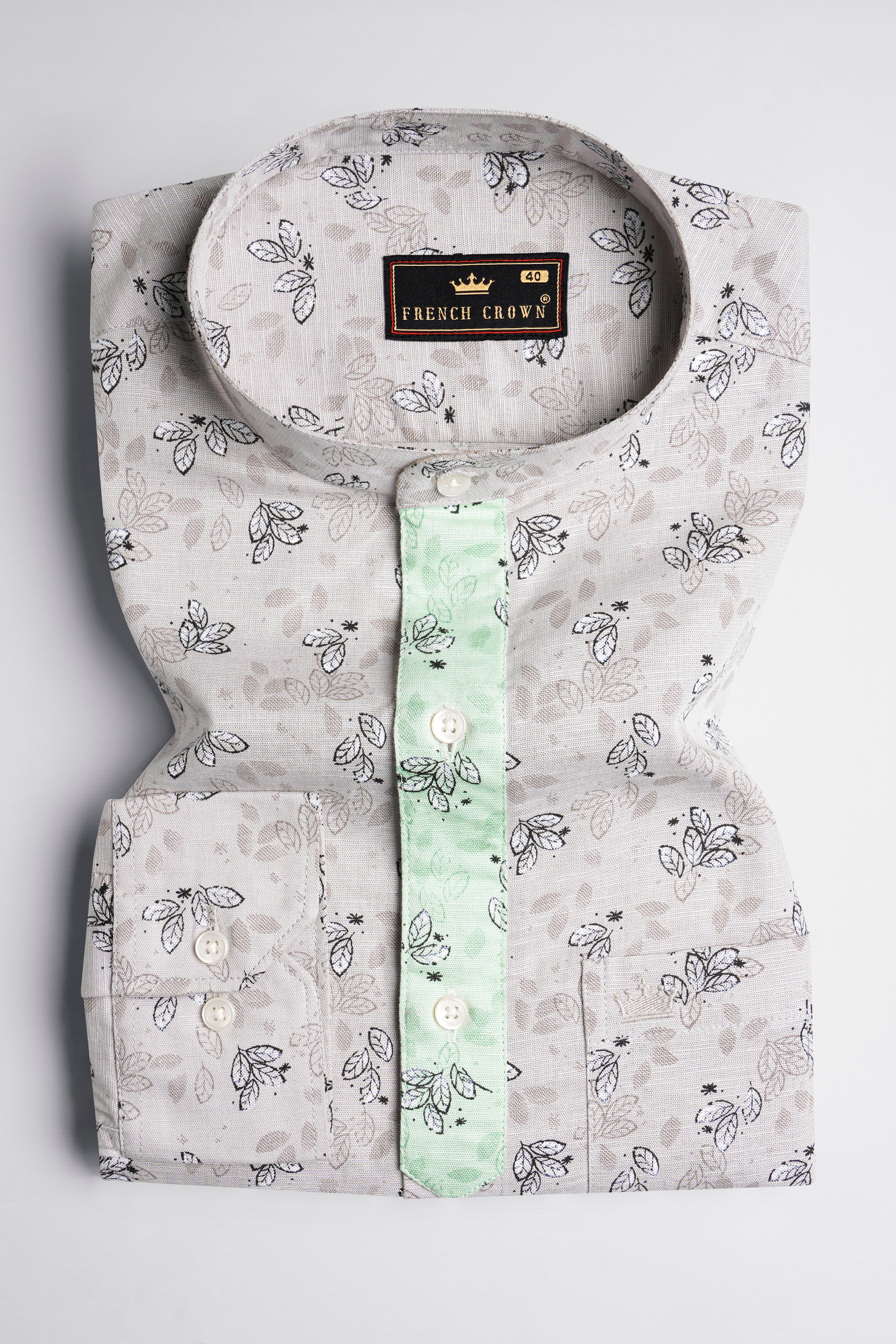 Soft Amber Gray with Thunder Black and Pale Leaf Green Luxurious Linen Designer Shirt