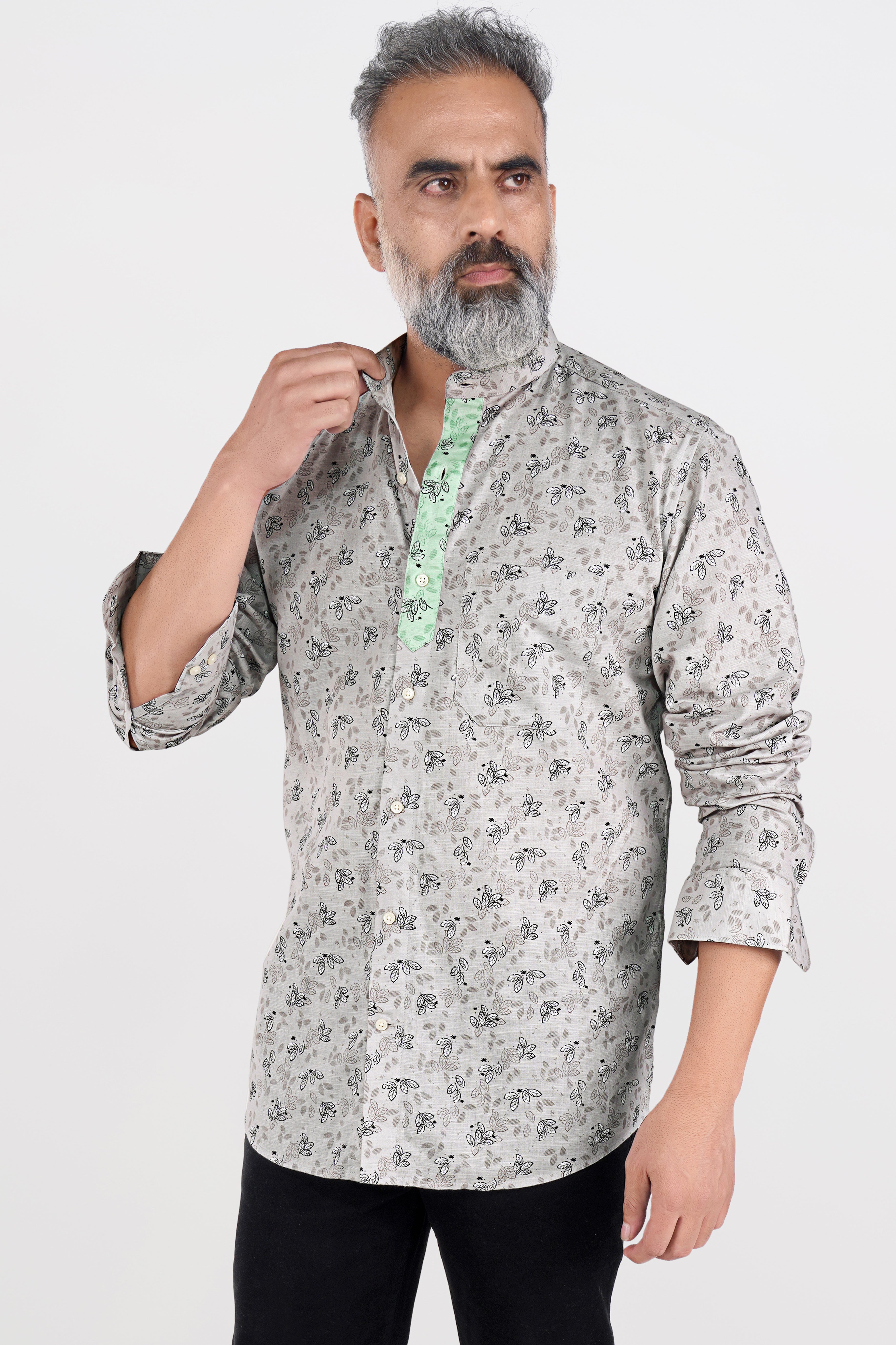 Soft Amber Gray with Thunder Black and Pale Leaf Green Luxurious Linen Designer Shirt