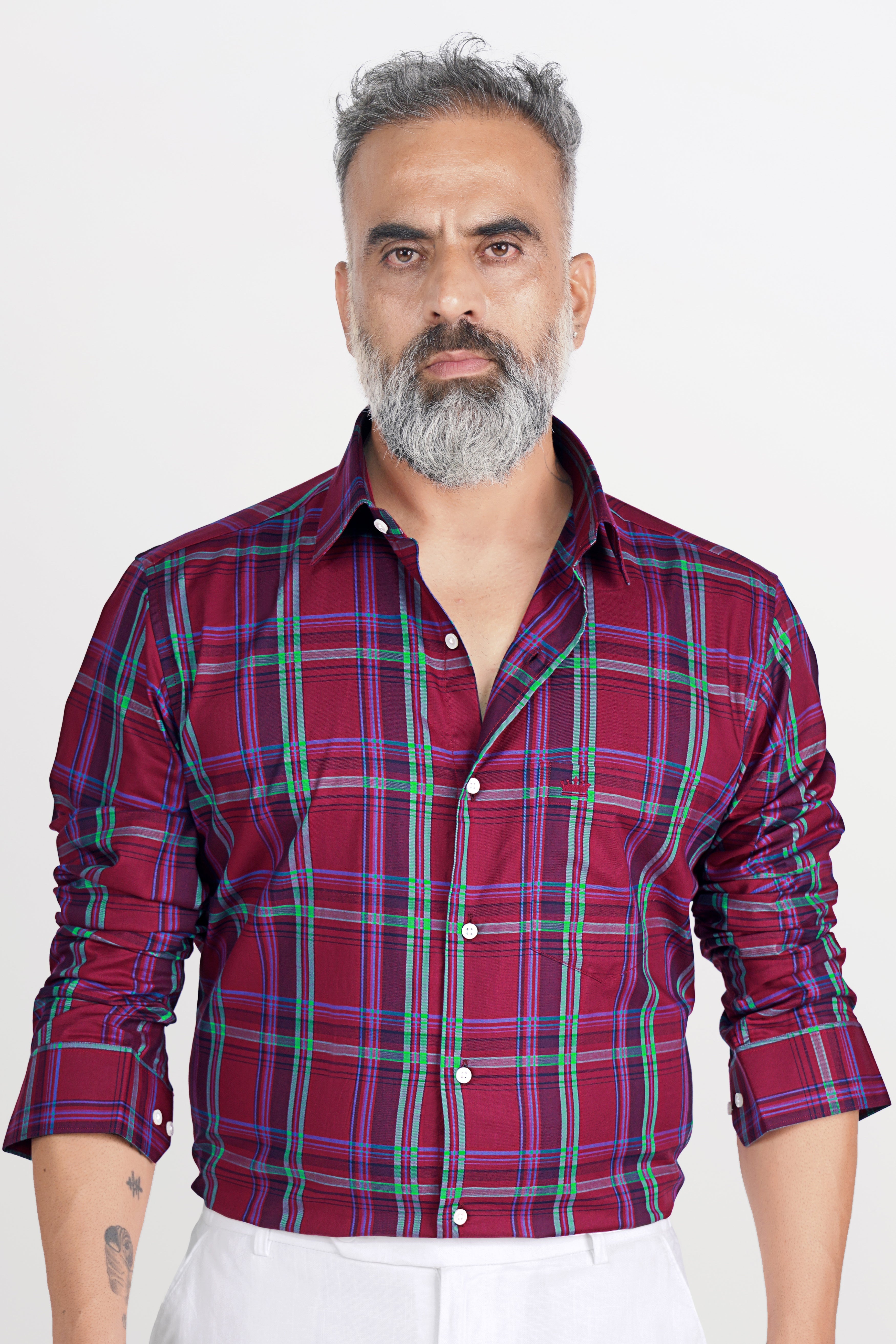 Carmine Red with Tiffany Green Twill Plaid Premium Cotton Shirt