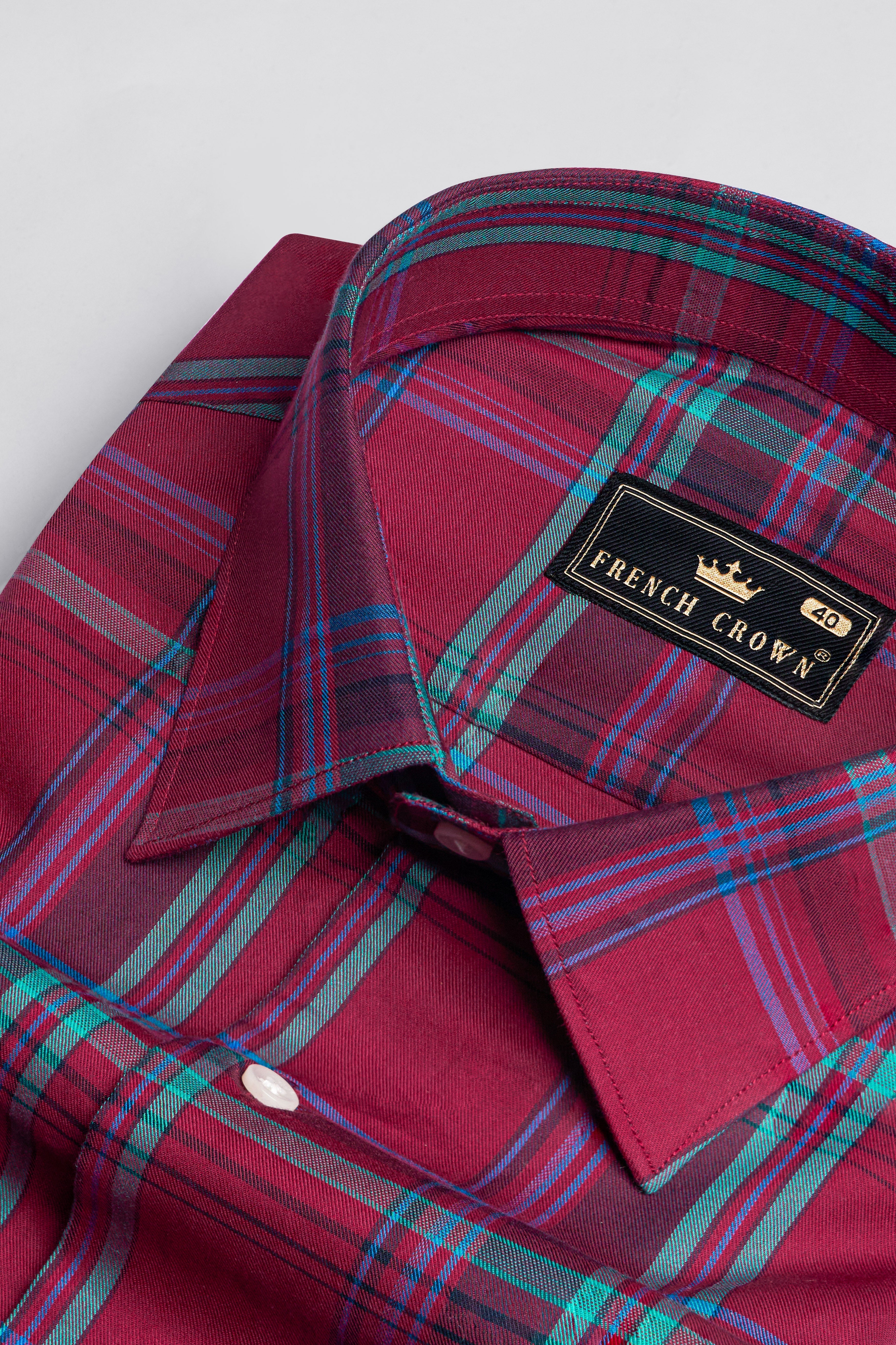 Carmine Red with Tiffany Green Twill Plaid Premium Cotton Shirt