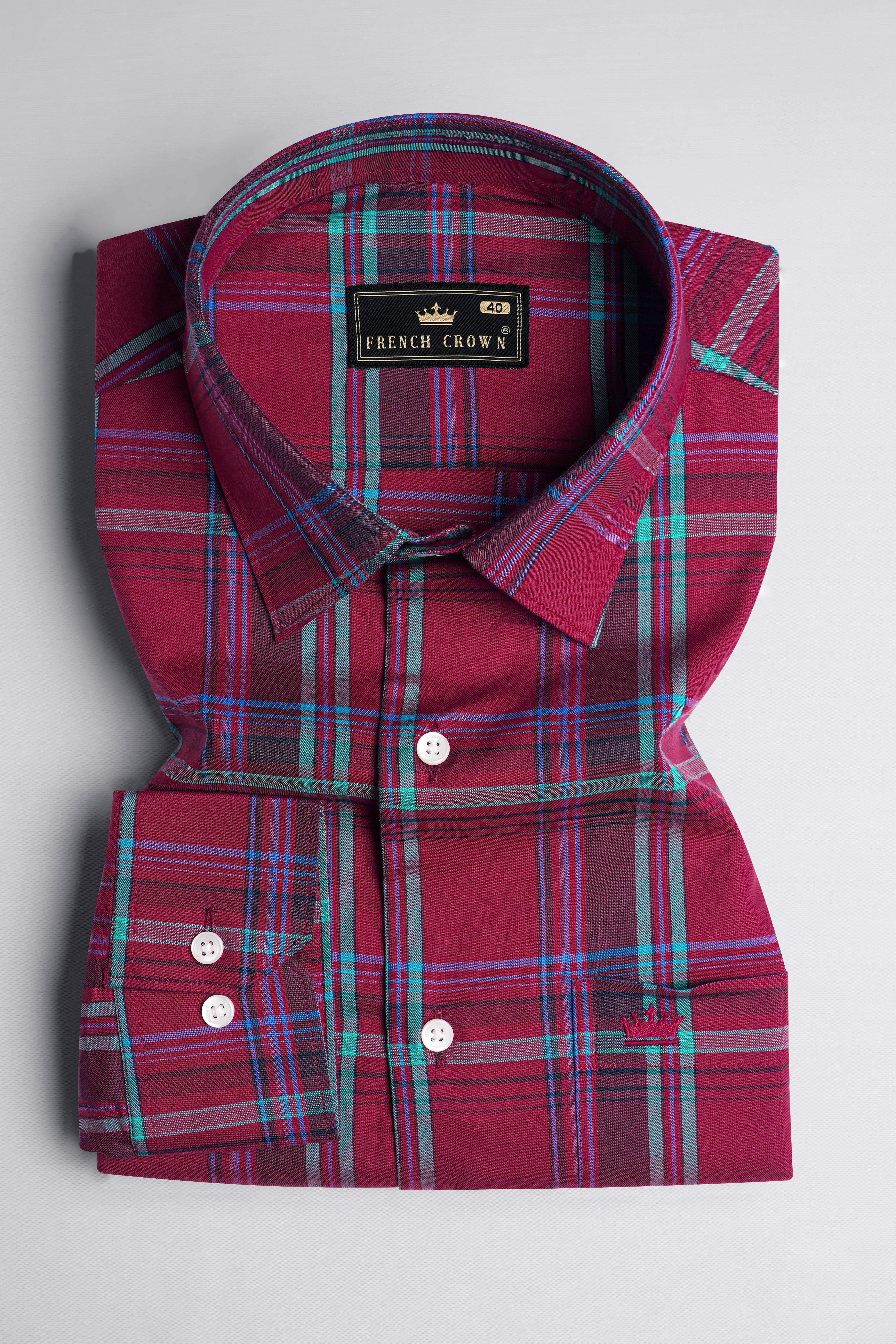 Carmine Red with Tiffany Green Twill Plaid Premium Cotton Shirt