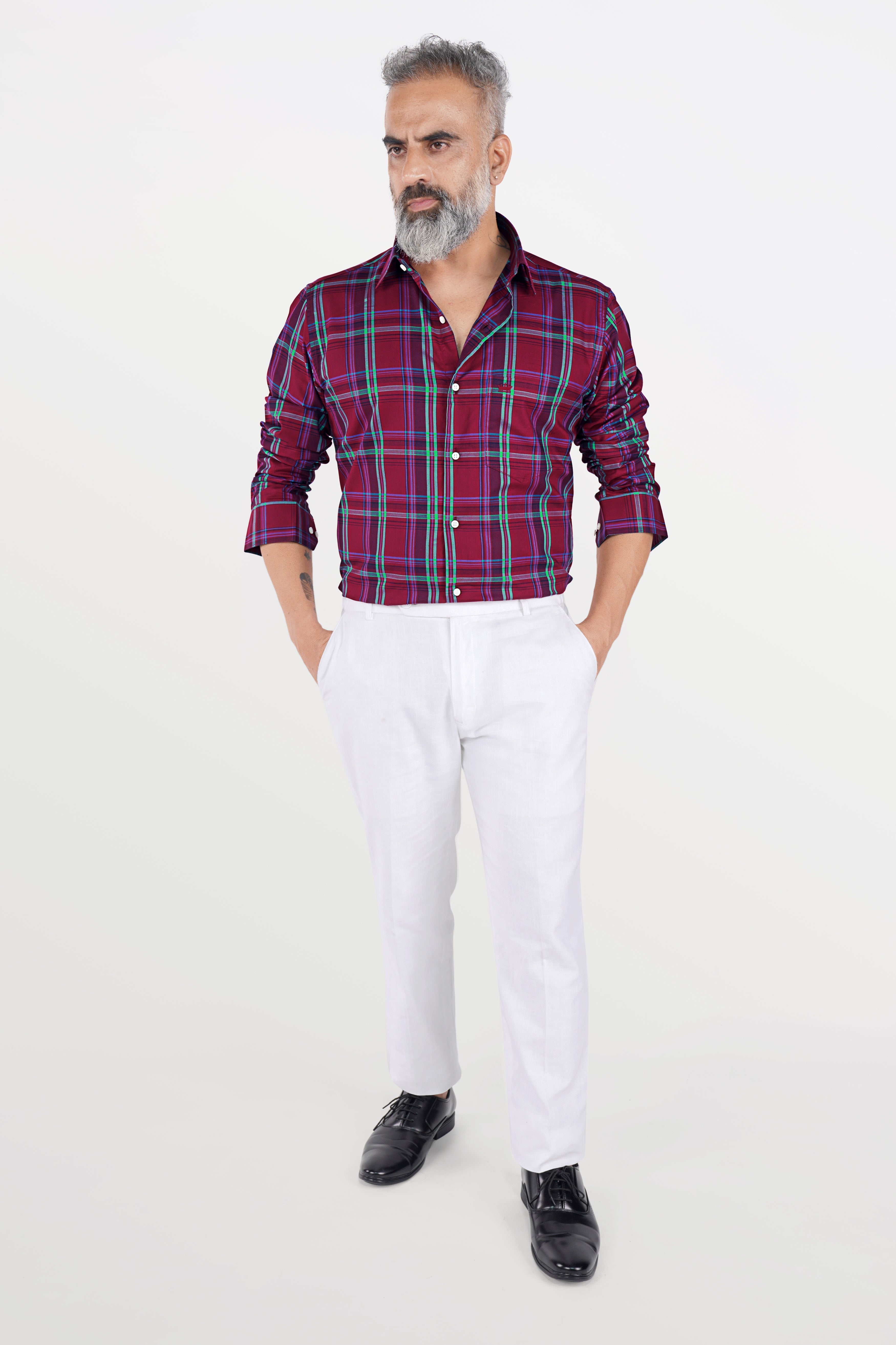 Carmine Red with Tiffany Green Twill Plaid Premium Cotton Shirt