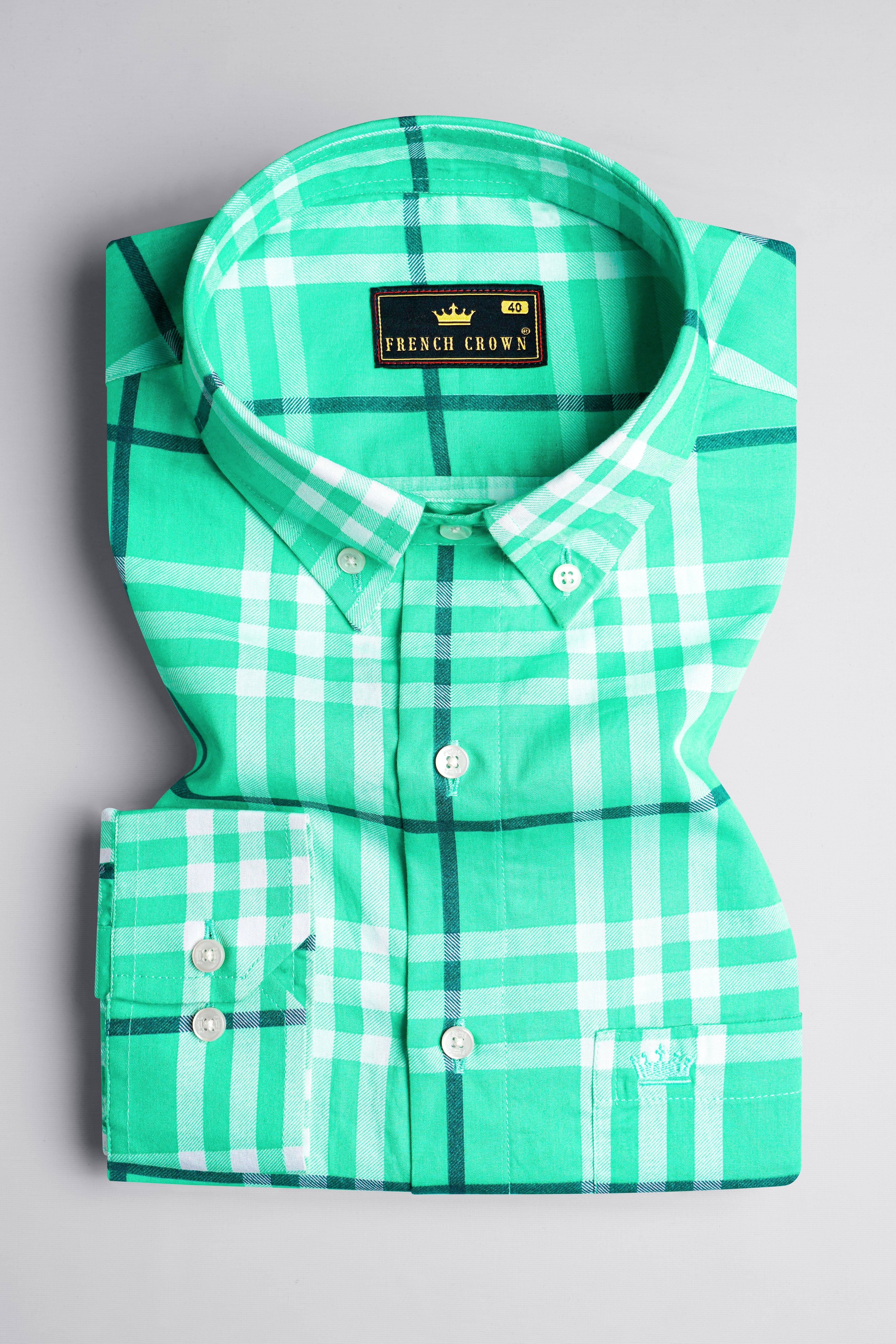 Turquoise Green with White Twill Plaid Premium Cotton Shirt