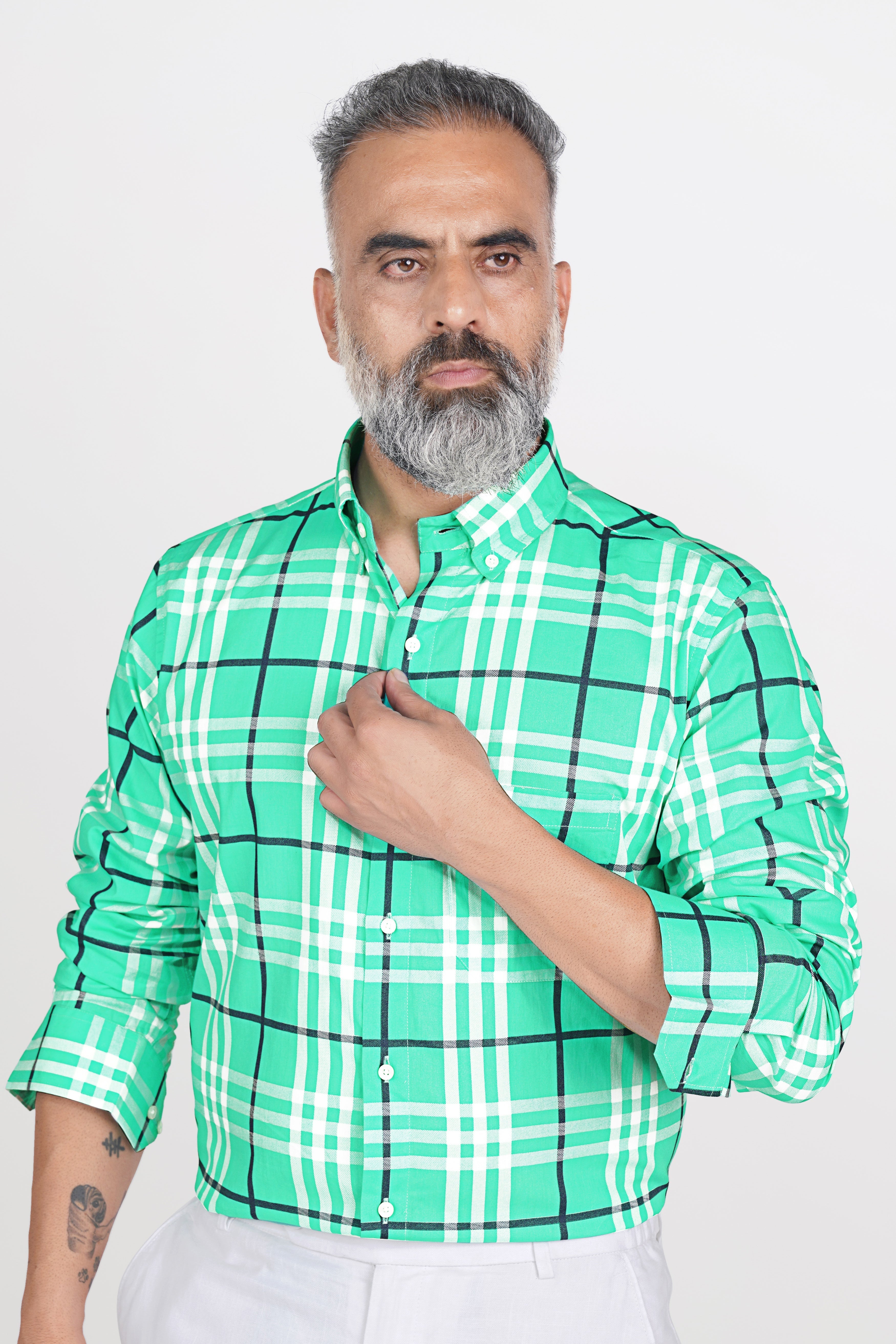 Turquoise Green with White Twill Plaid Premium Cotton Shirt