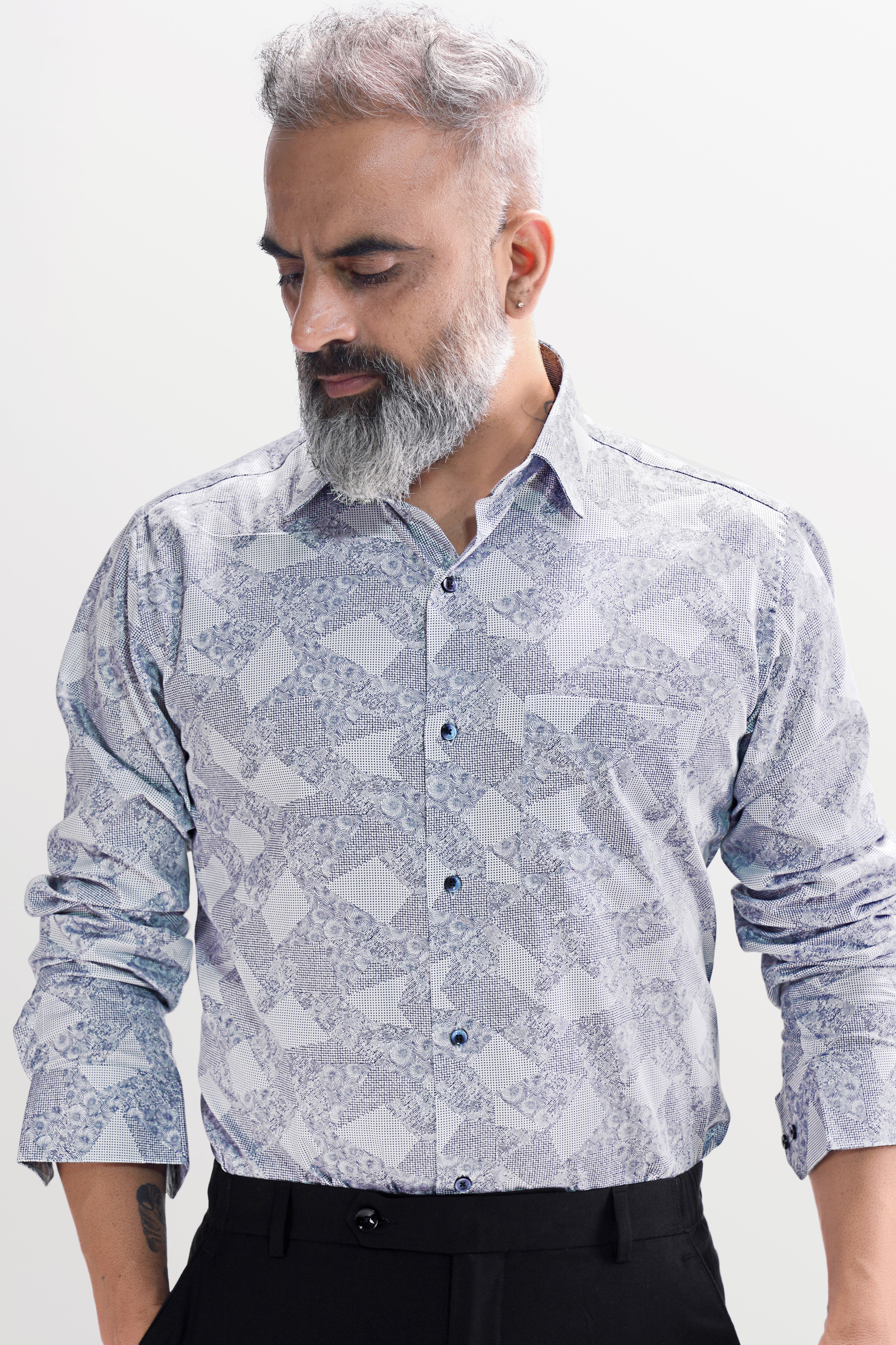 Bright White with Ship Blue Dobby Textured Premium Giza Cotton Shirt