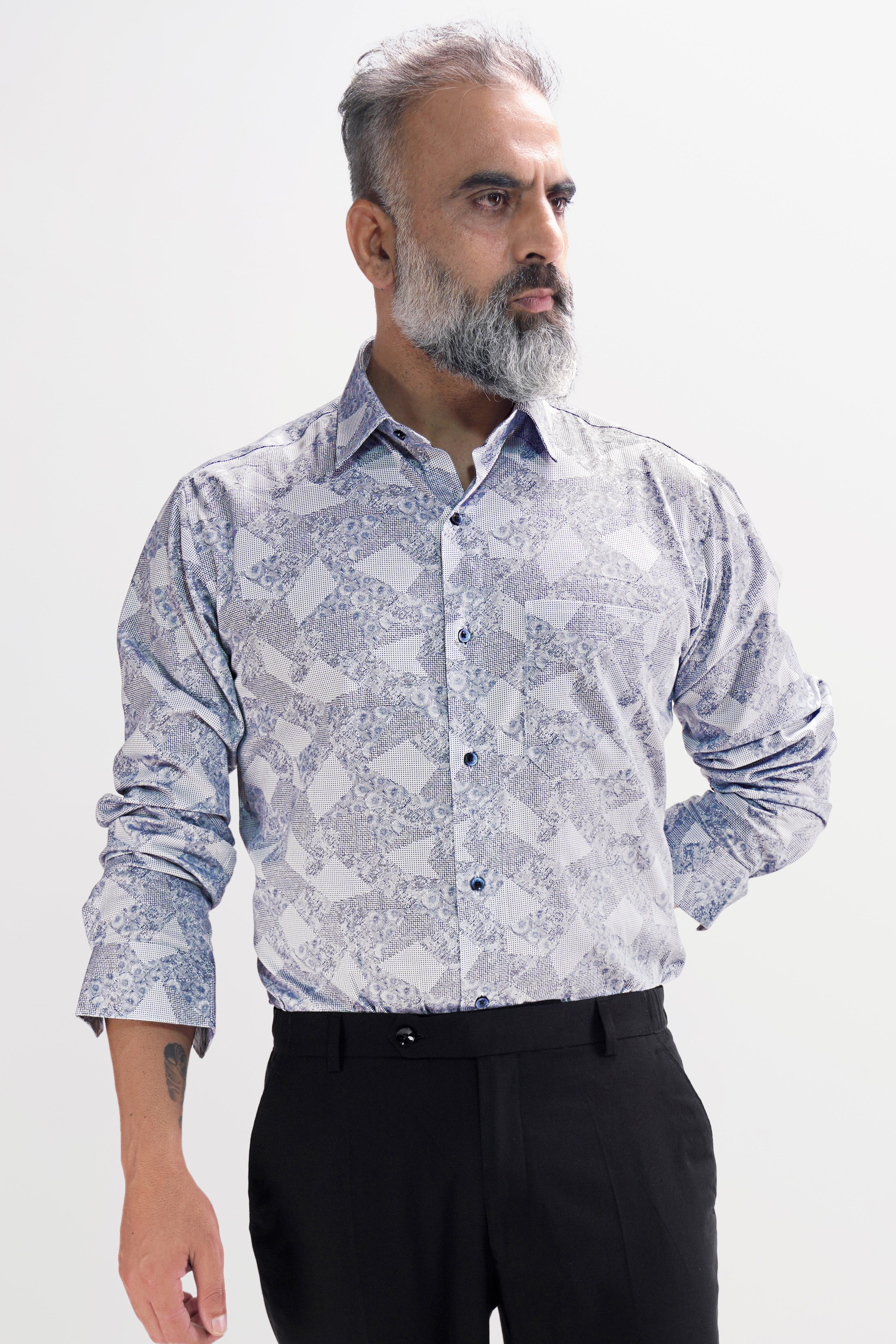 Bright White with Ship Blue Dobby Textured Premium Giza Cotton Shirt