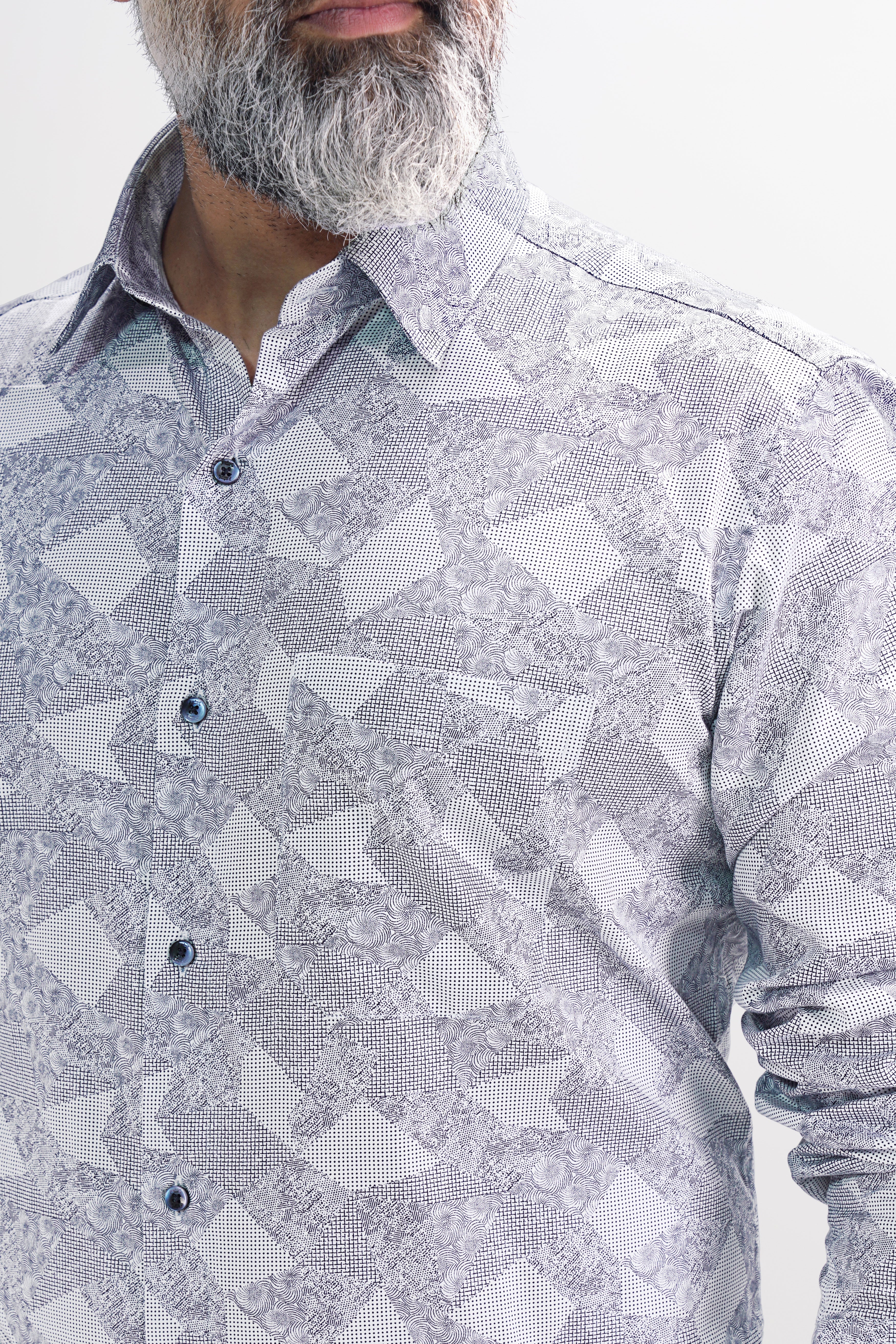 Bright White with Ship Blue Dobby Textured Premium Giza Cotton Shirt