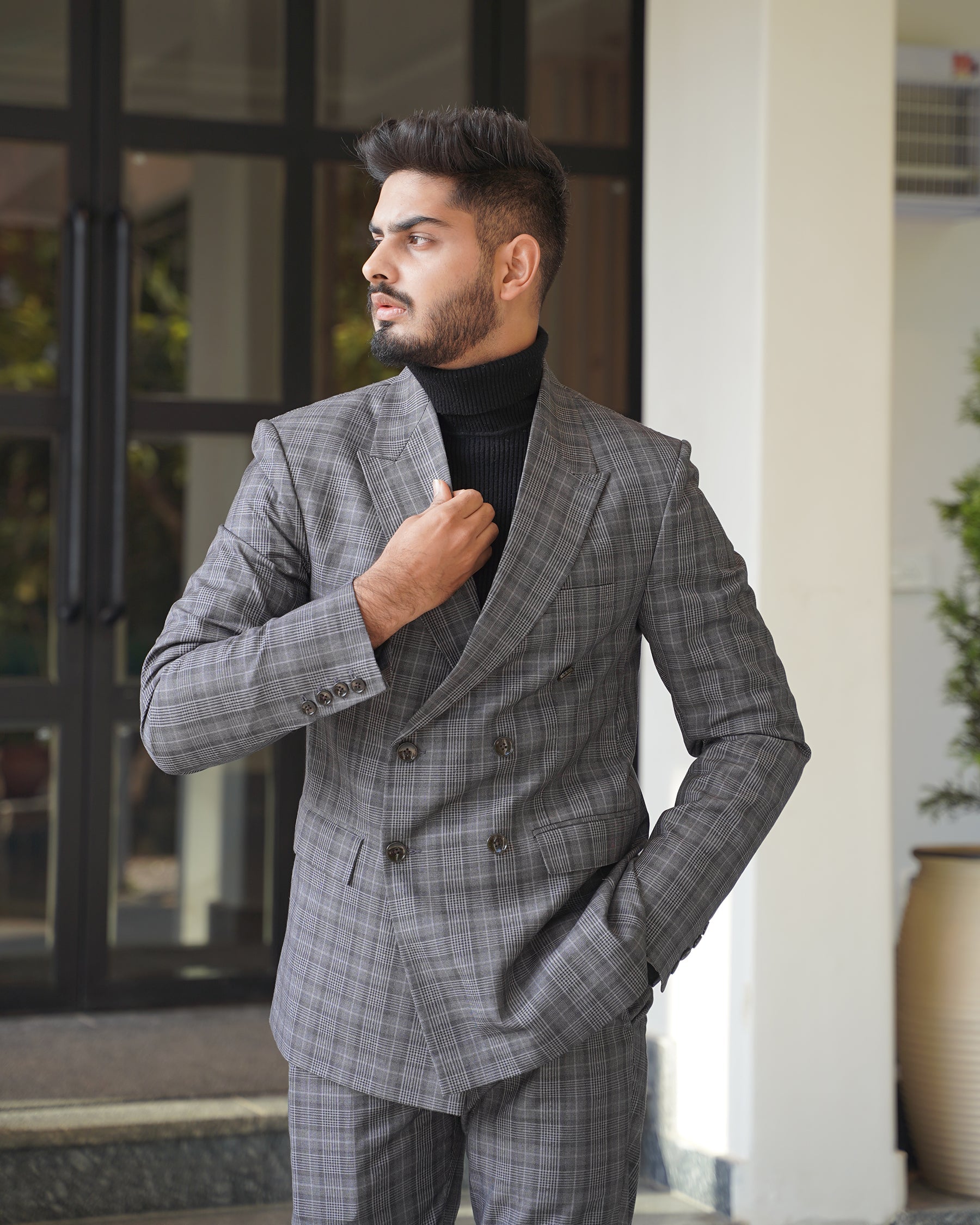 Fossil Grey Plaid Double Breasted Blazer