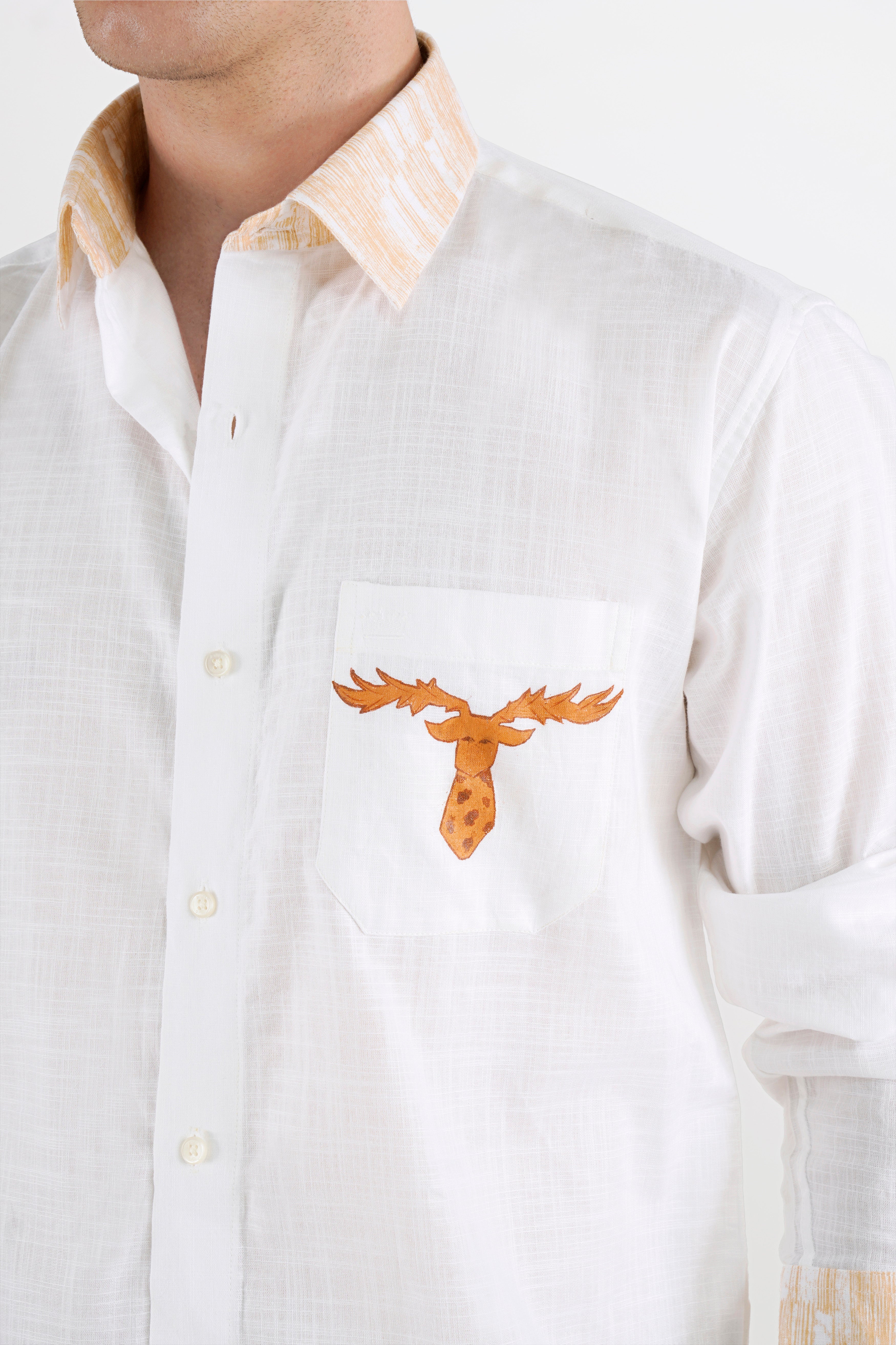 Bright White with Melon Beige Hand Painted Luxurious Linen Designer Shirt