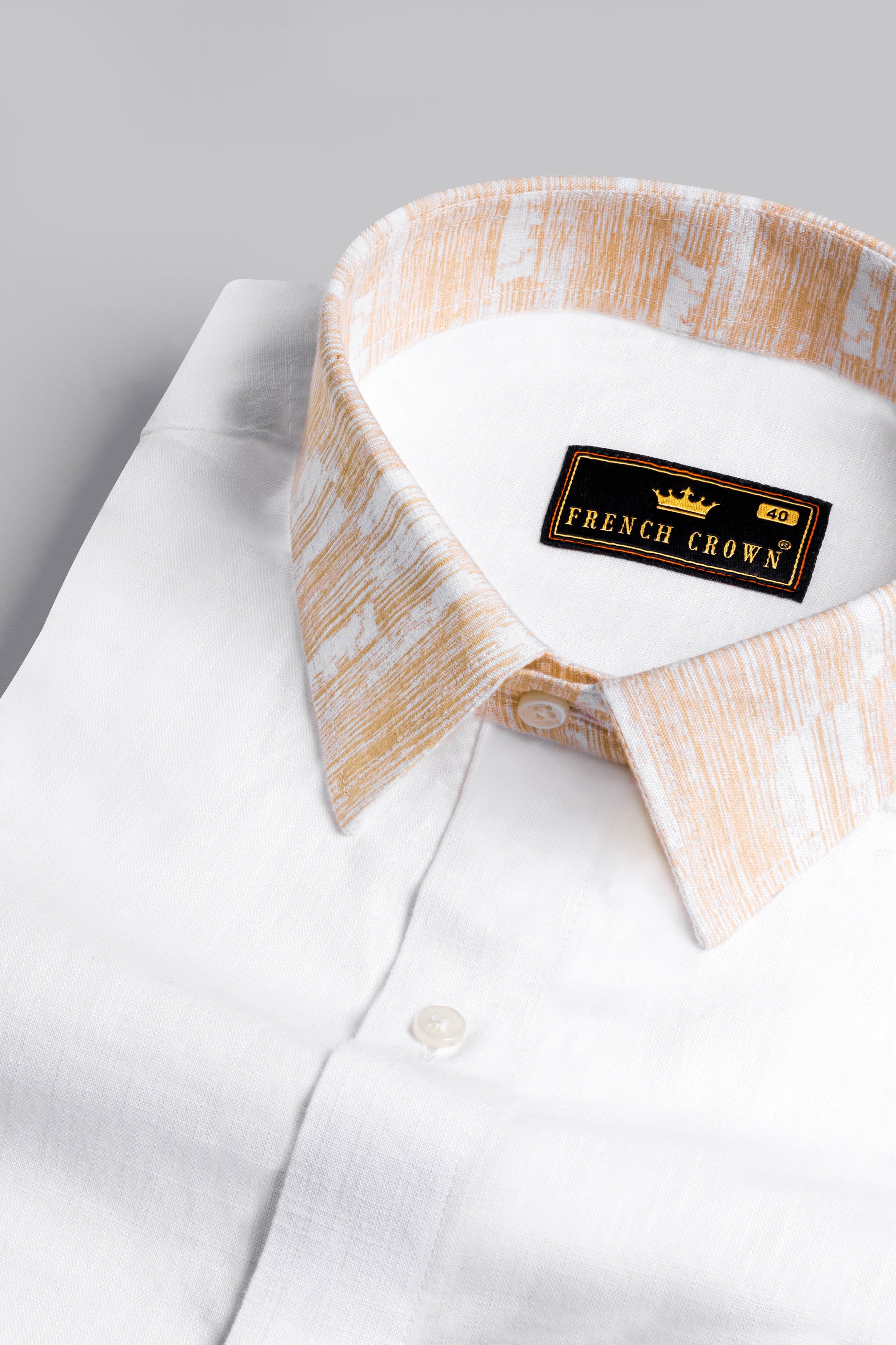 Bright White with Melon Beige Hand Painted Luxurious Linen Designer Shirt