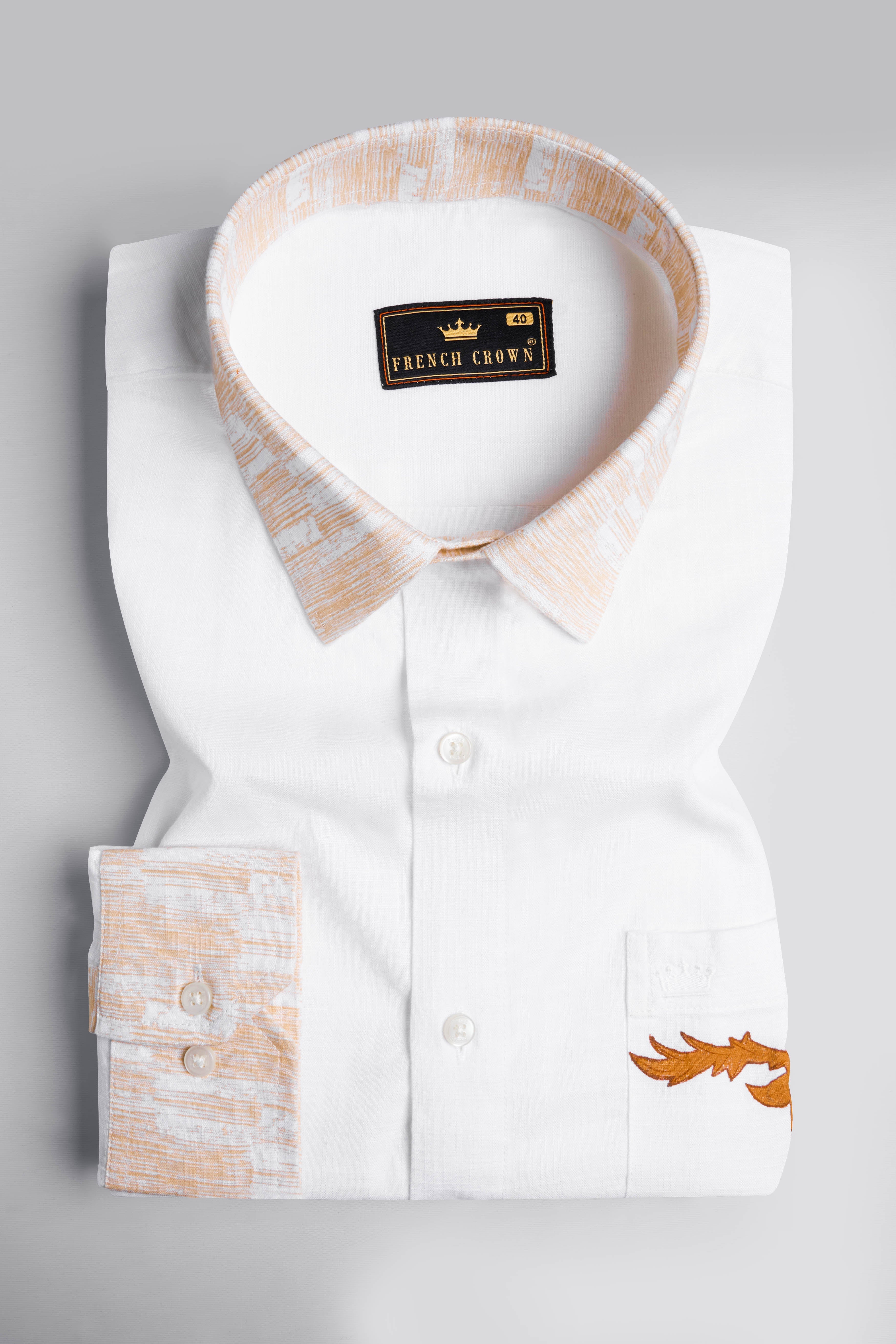 Bright White with Melon Beige Hand Painted Luxurious Linen Designer Shirt