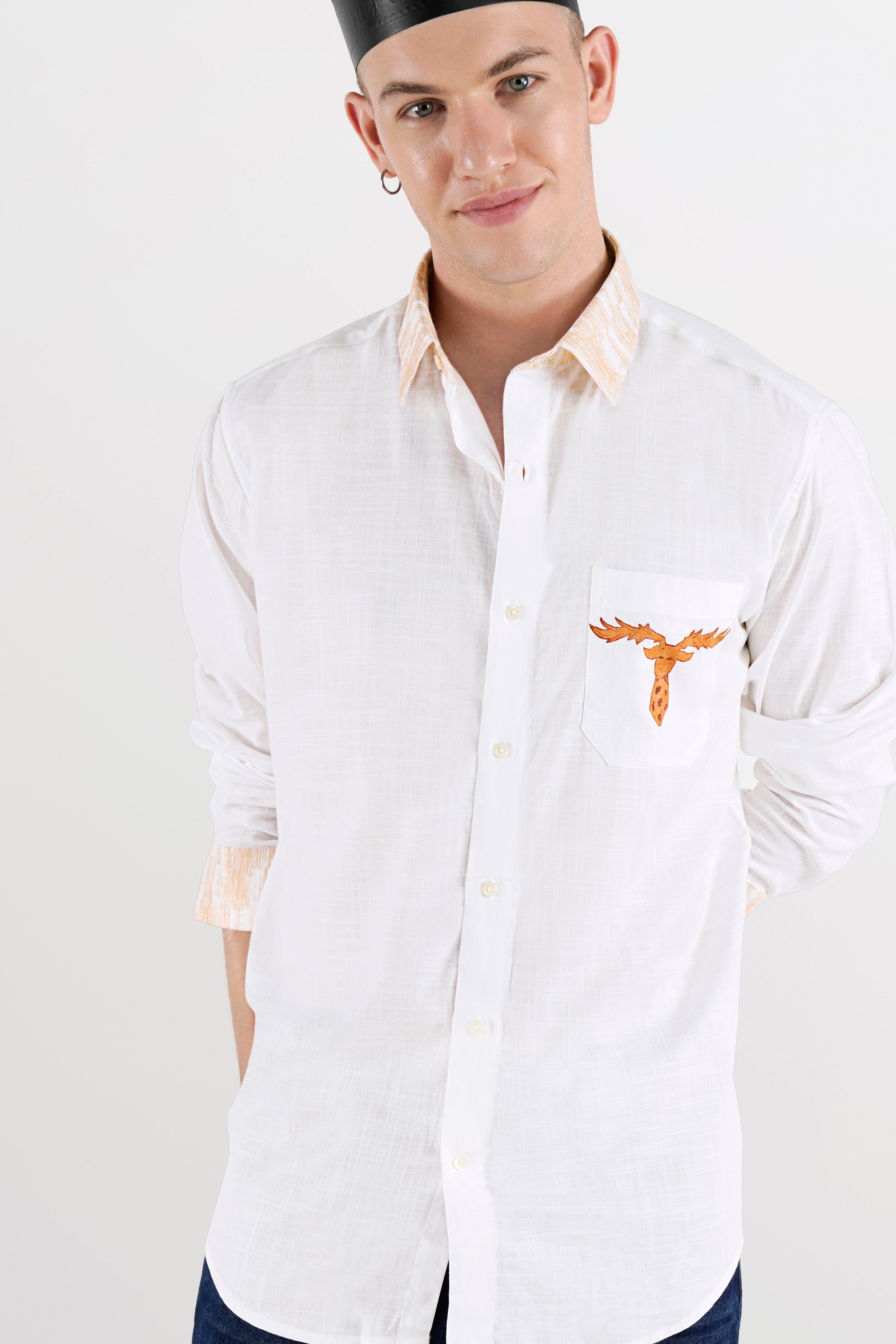 Bright White with Melon Beige Hand Painted Luxurious Linen Designer Shirt