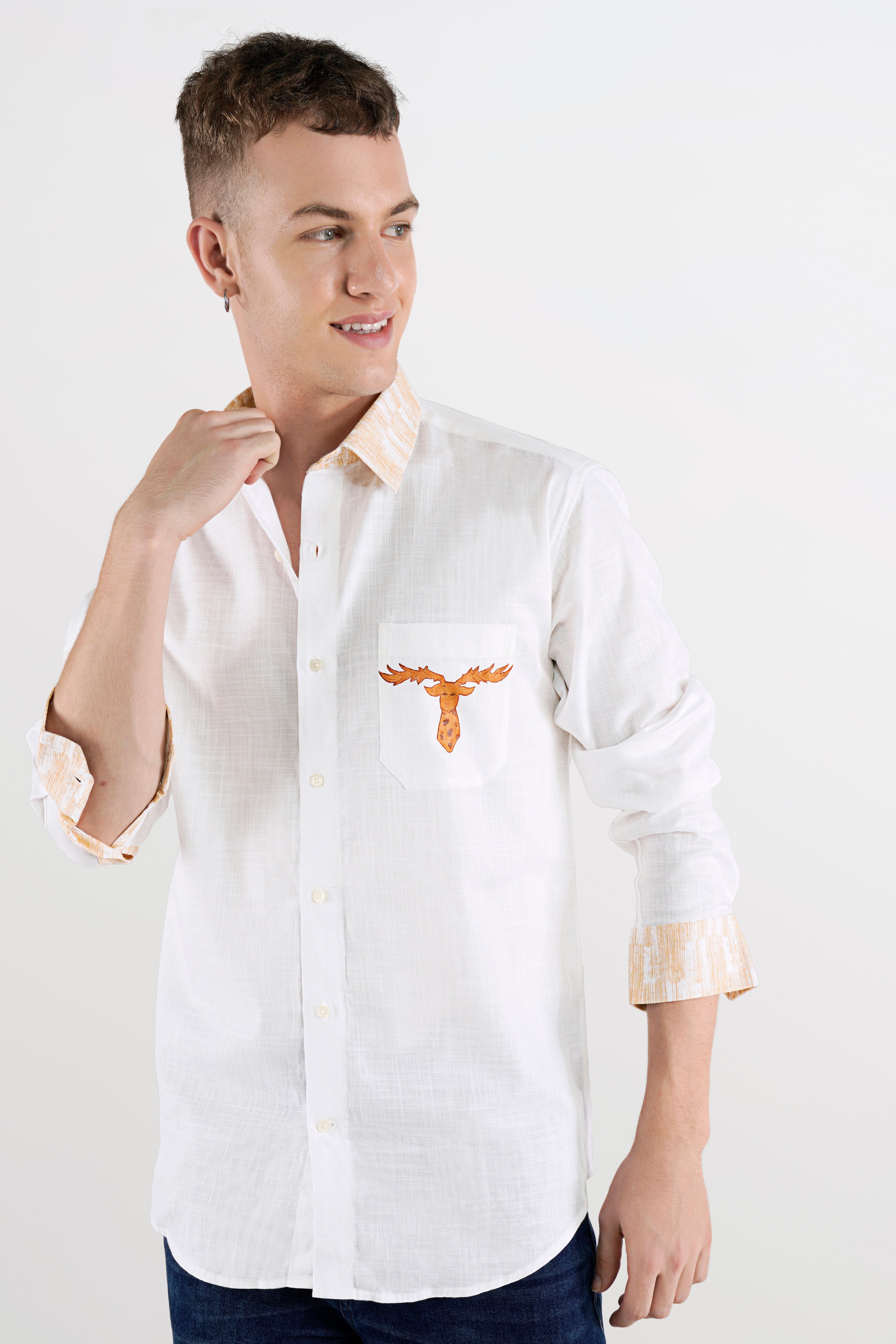 Bright White with Melon Beige Hand Painted Luxurious Linen Designer Shirt