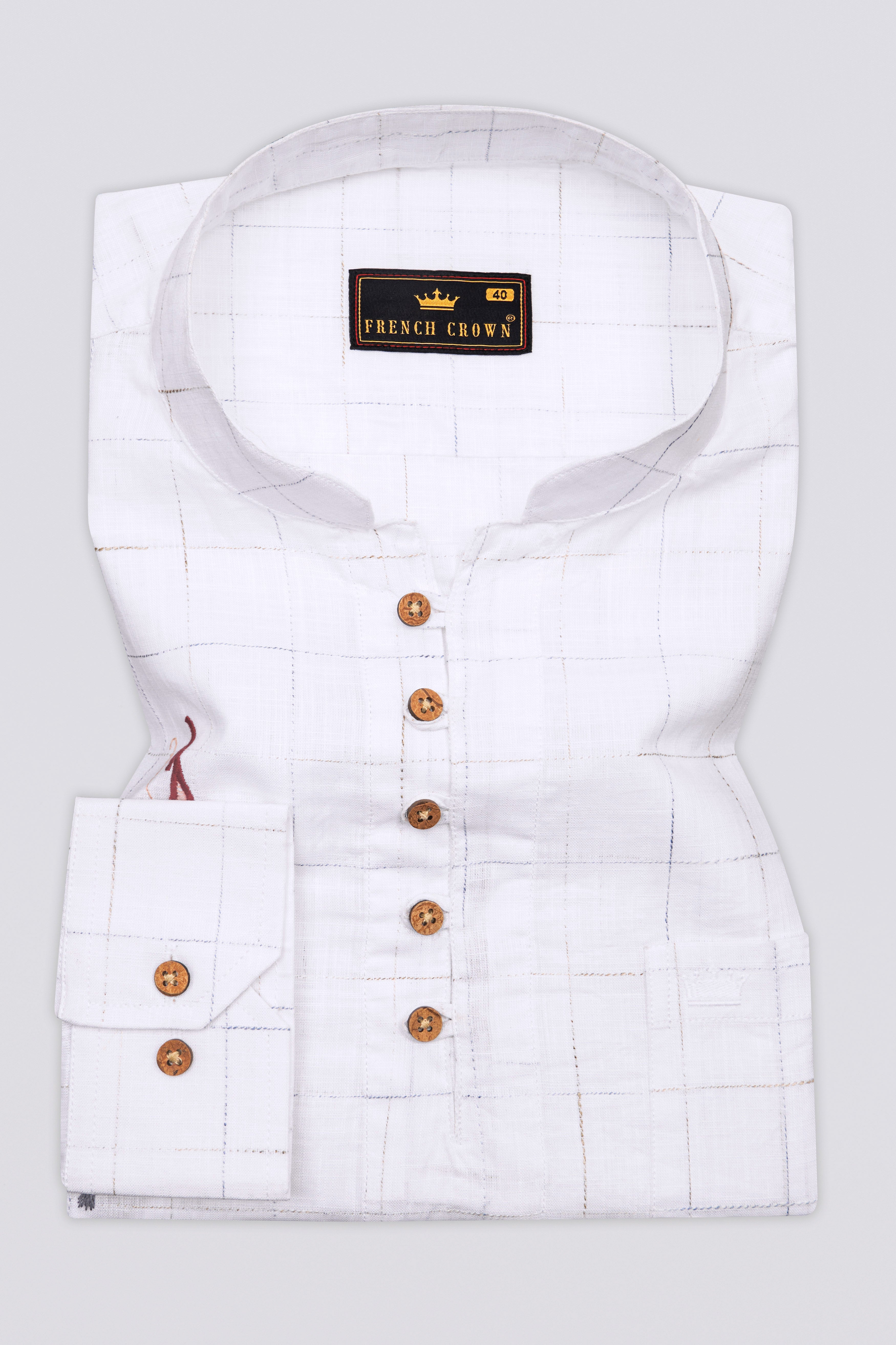 Bright white Checkered With Deer Embroidered Luxurious Linen Designer Kurta Shirt