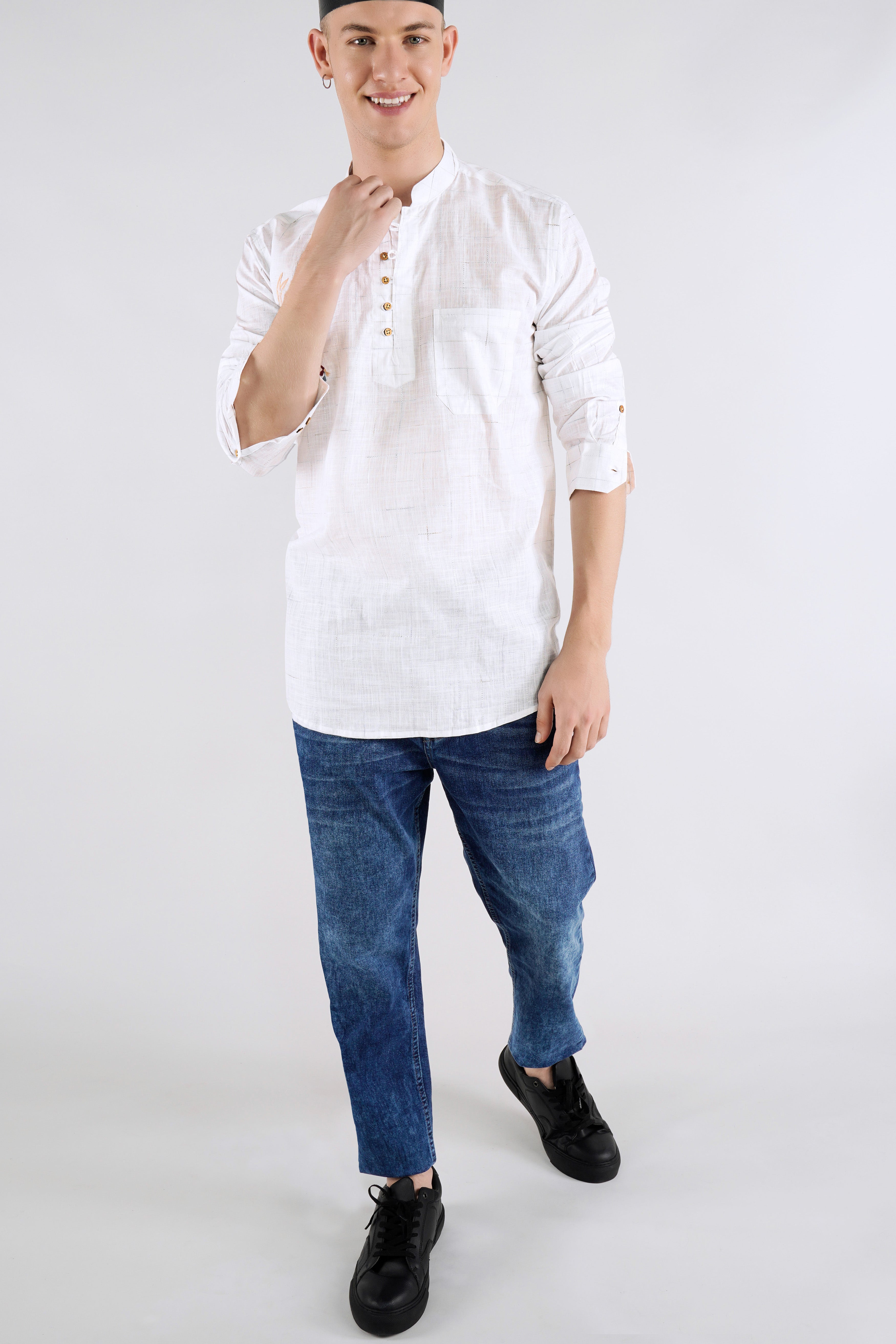 Bright white Checkered With Deer Embroidered Luxurious Linen Designer Kurta Shirt