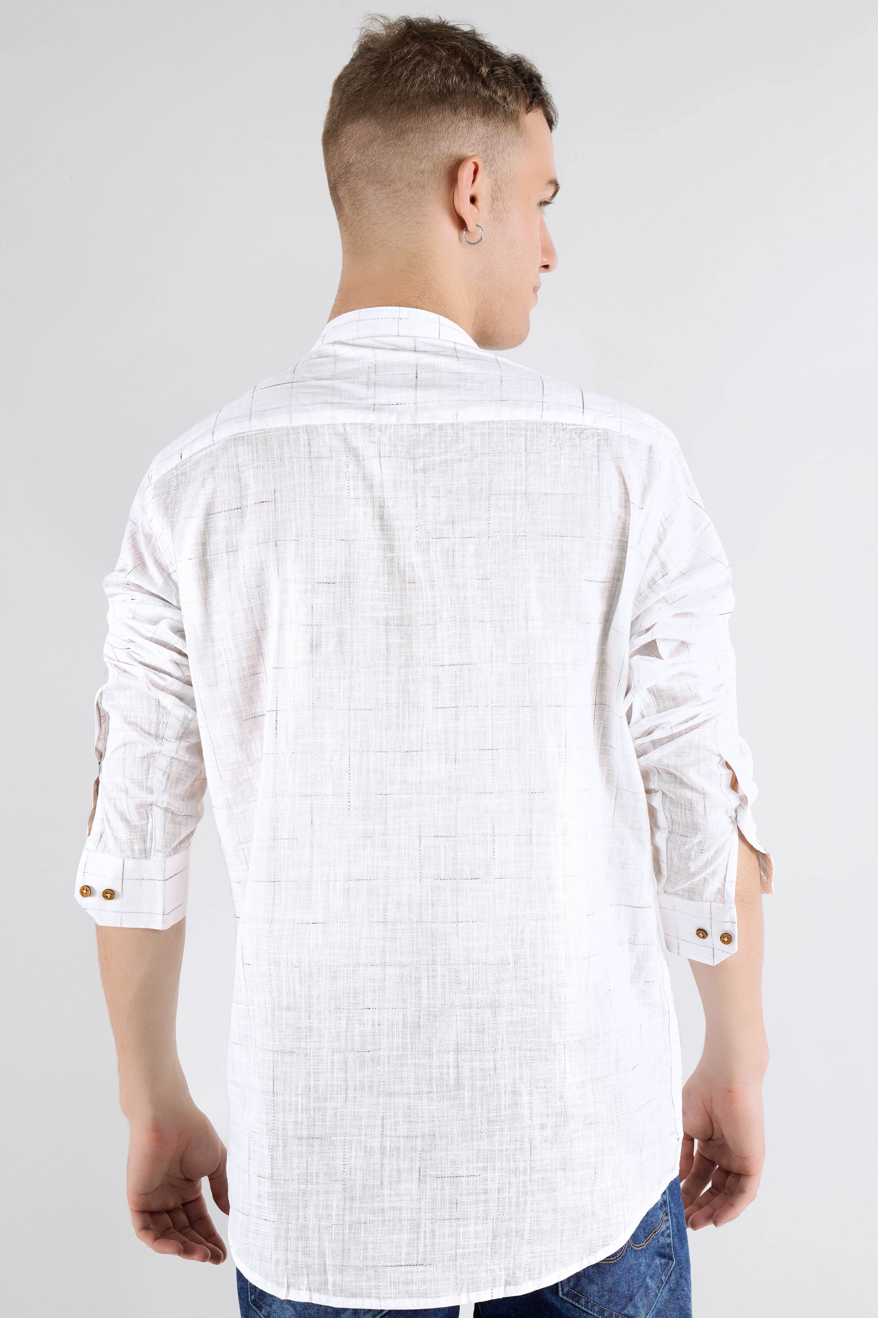 Bright white Checkered With Deer Embroidered Luxurious Linen Designer Kurta Shirt