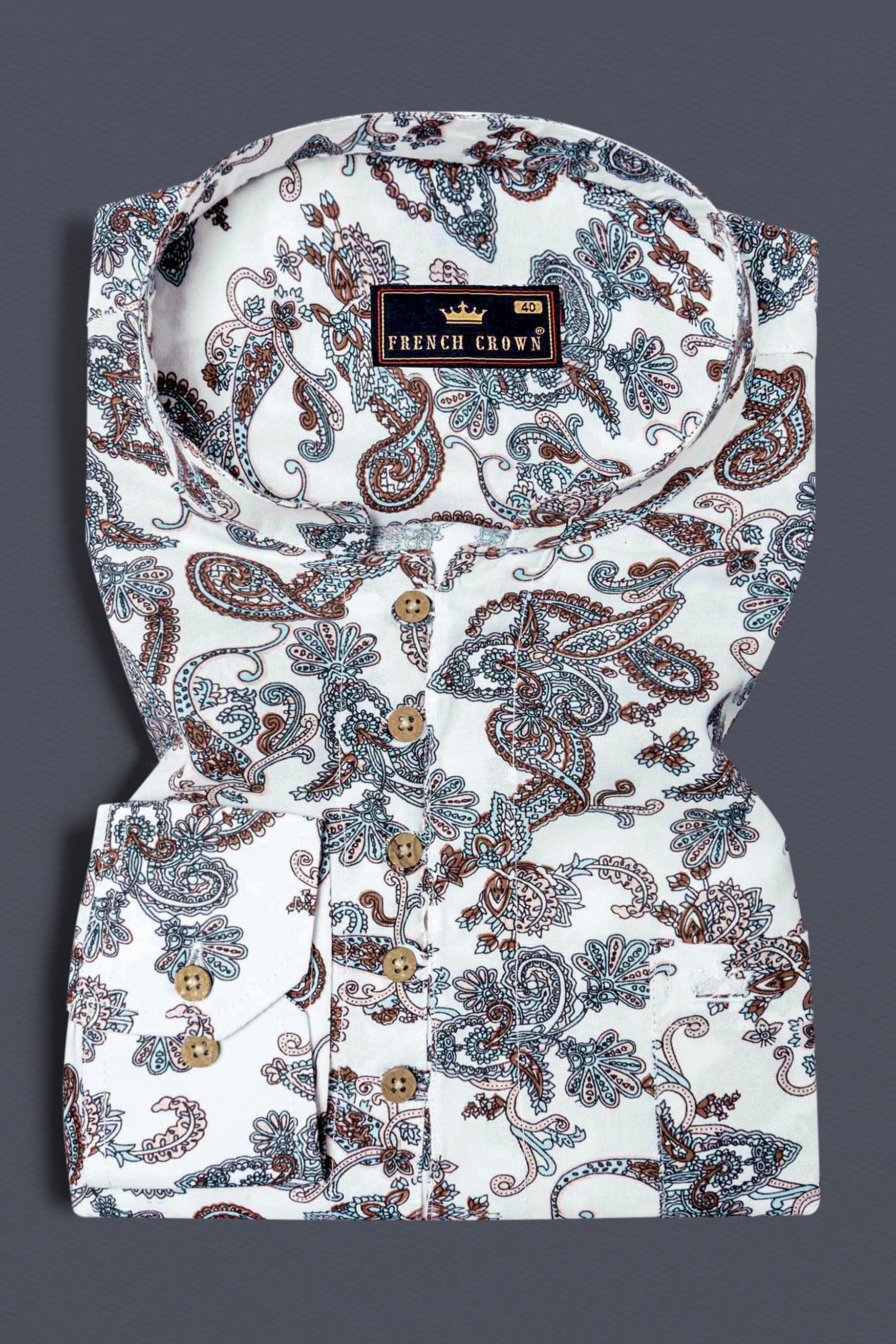 Bright White Paisleys Printed Premium Tencel Shirt