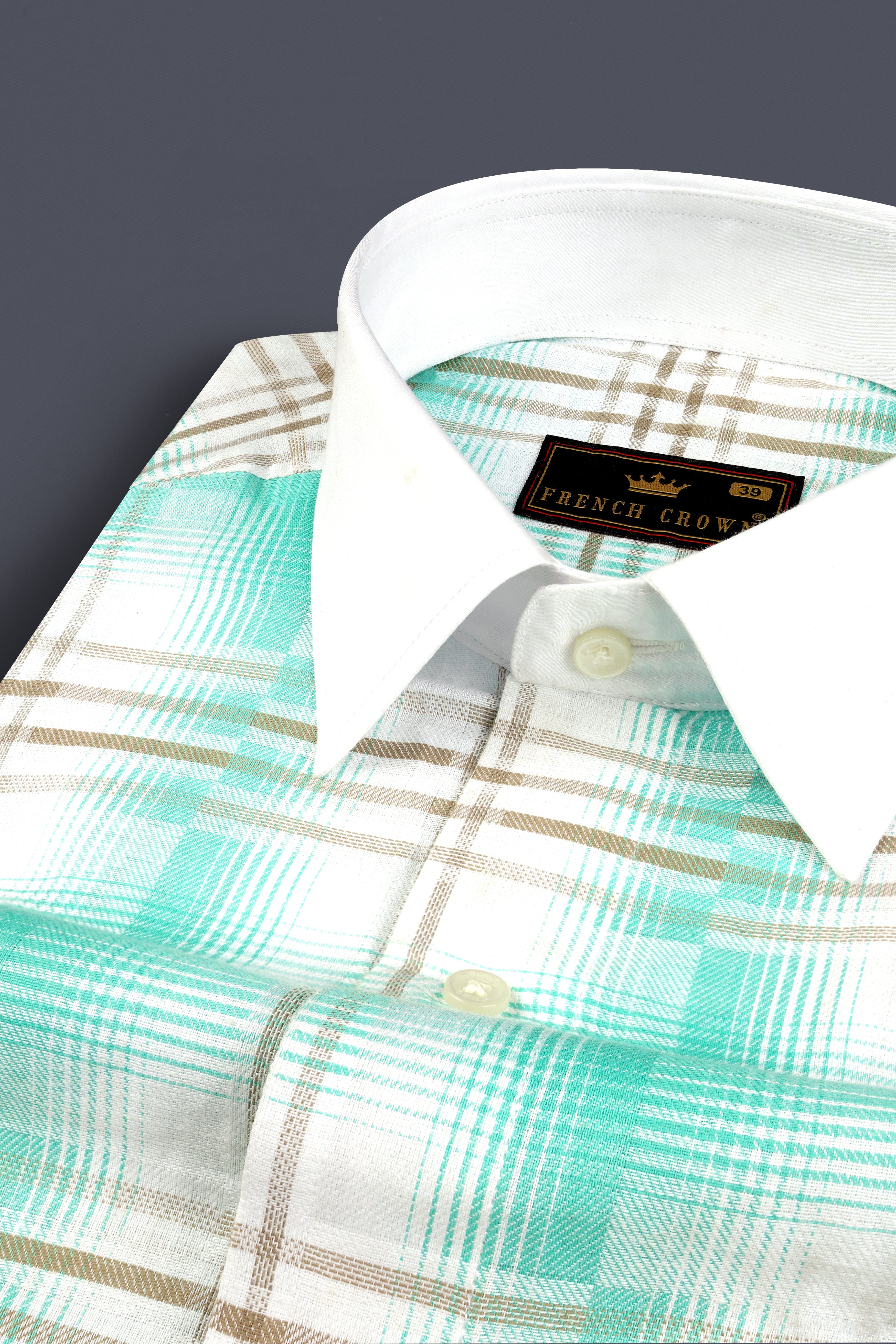 Bright White Twill Plaid Printed with White Collar Cuff Premium Cotton Shirt