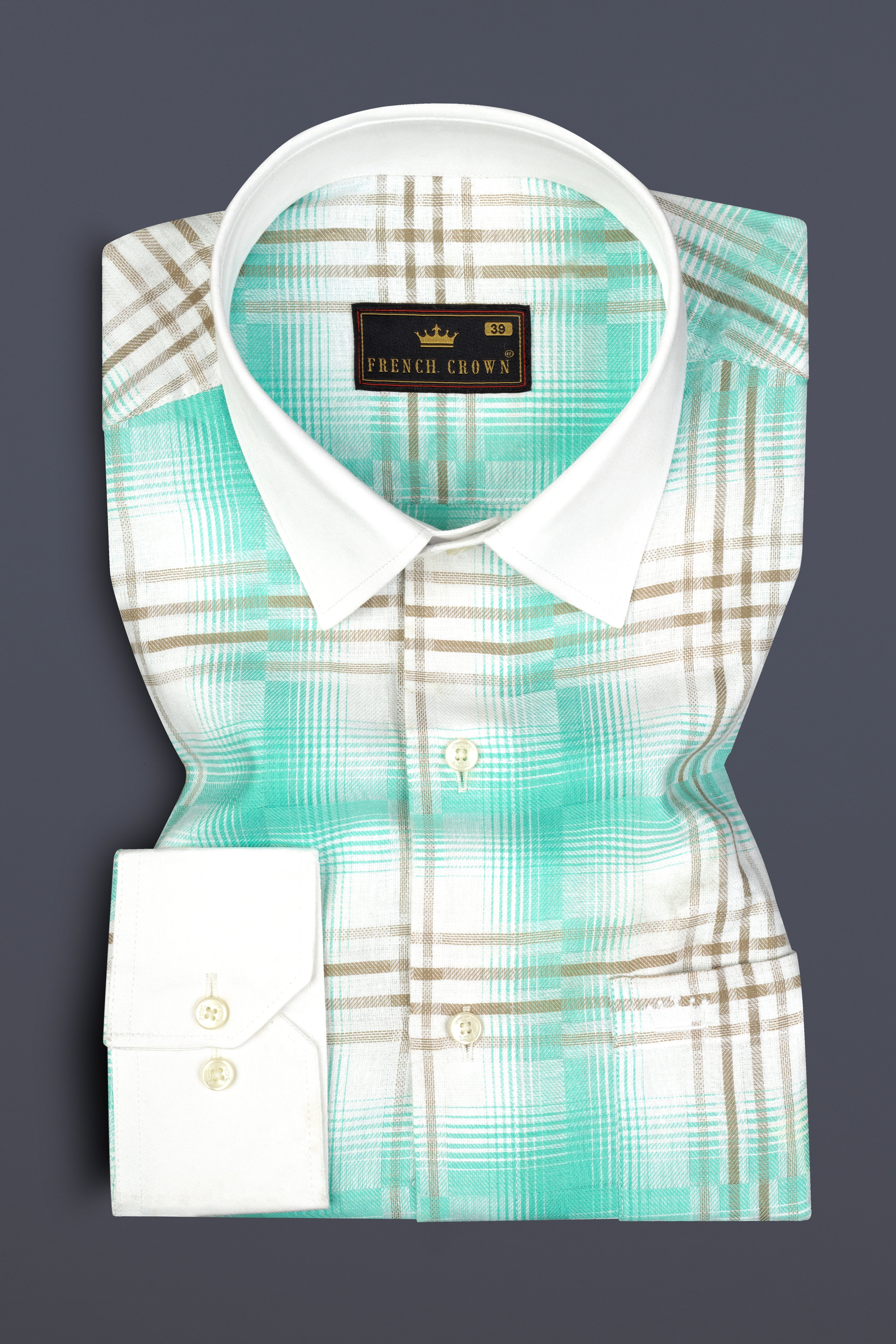 Bright White Twill Plaid Printed with White Collar Cuff Premium Cotton Shirt