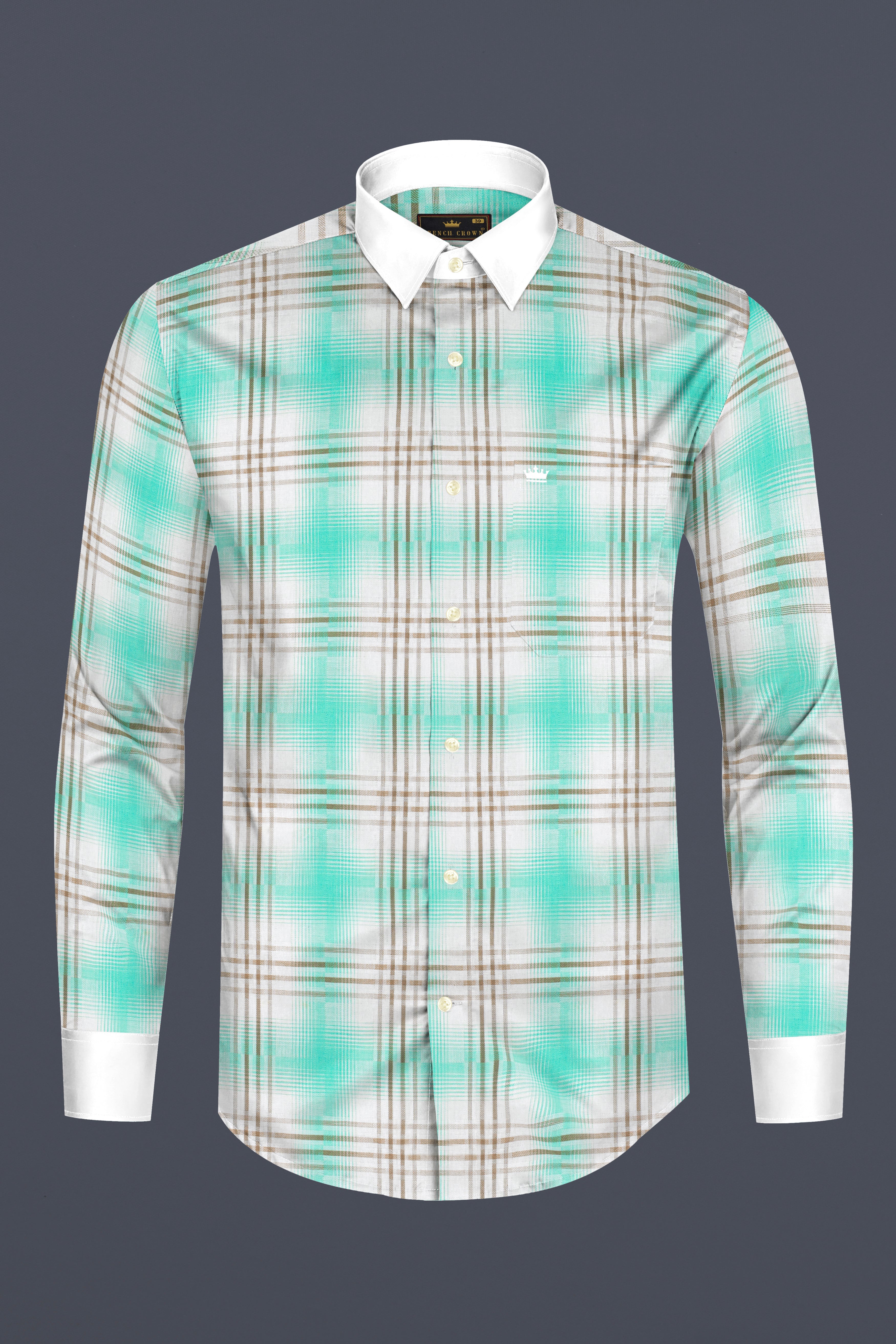 Bright White Twill Plaid Printed with White Collar Cuff Premium Cotton Shirt