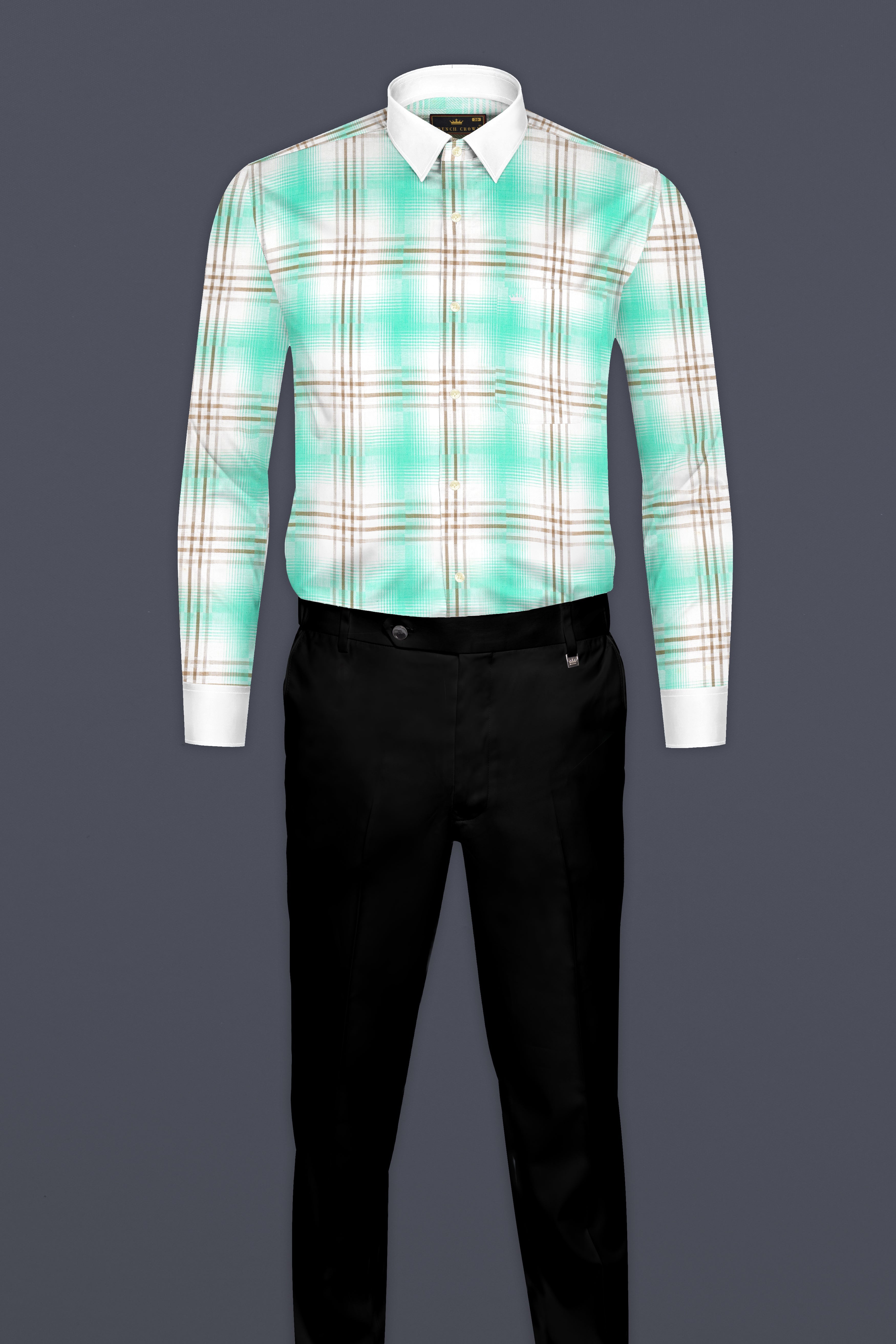 Bright White Twill Plaid Printed with White Collar Cuff Premium Cotton Shirt