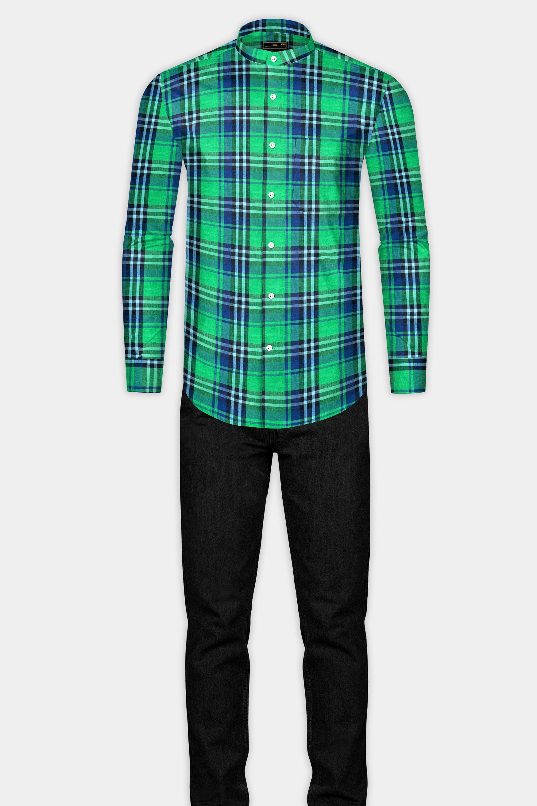 Shamrock Green with Victoria Blue Plaid Luxurious Linen Shirt