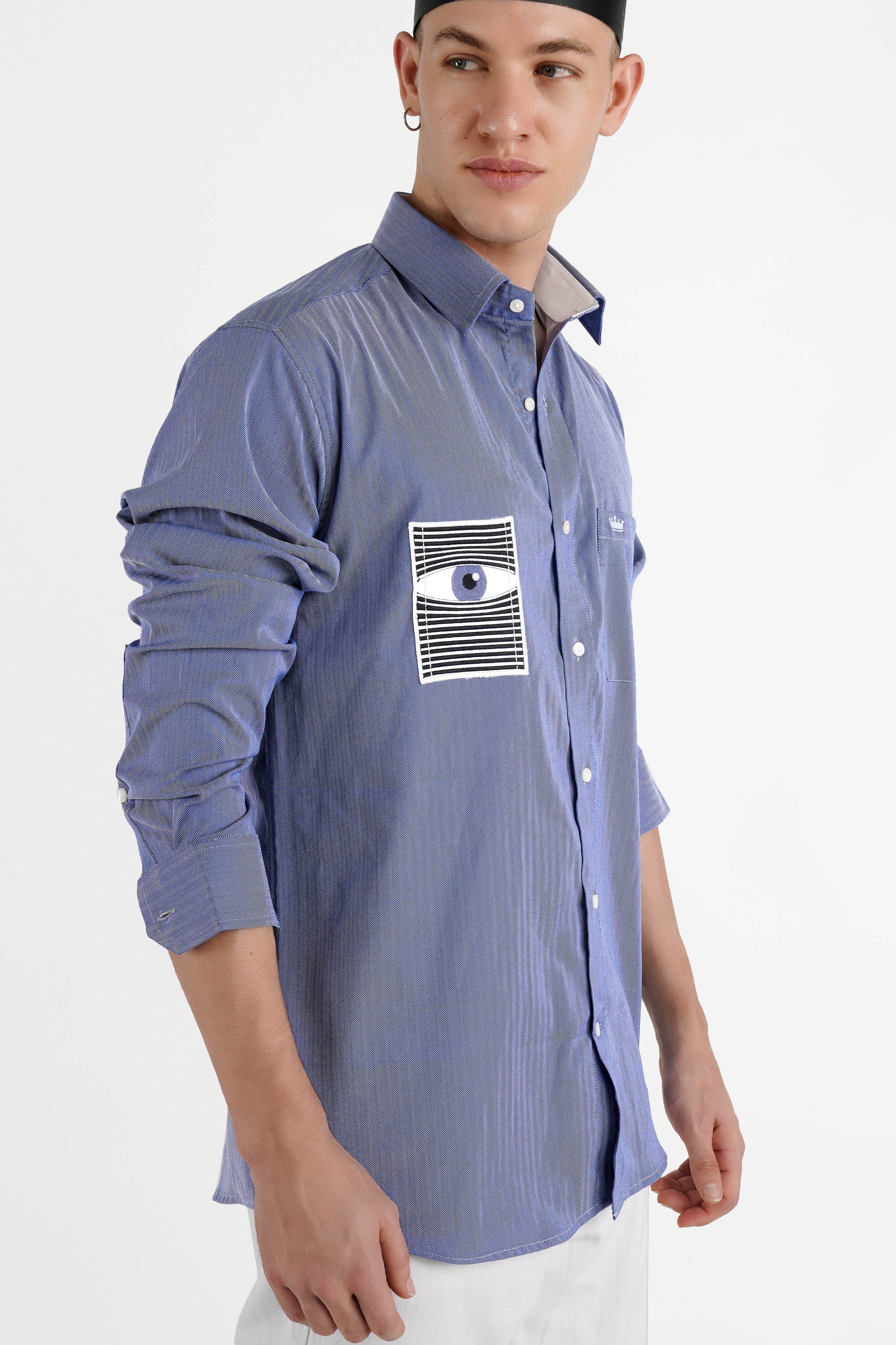 Wild Blue Yonder Subtle Striped with Evil Eye Embroidered Stretchable Herringbone Designer Shirt